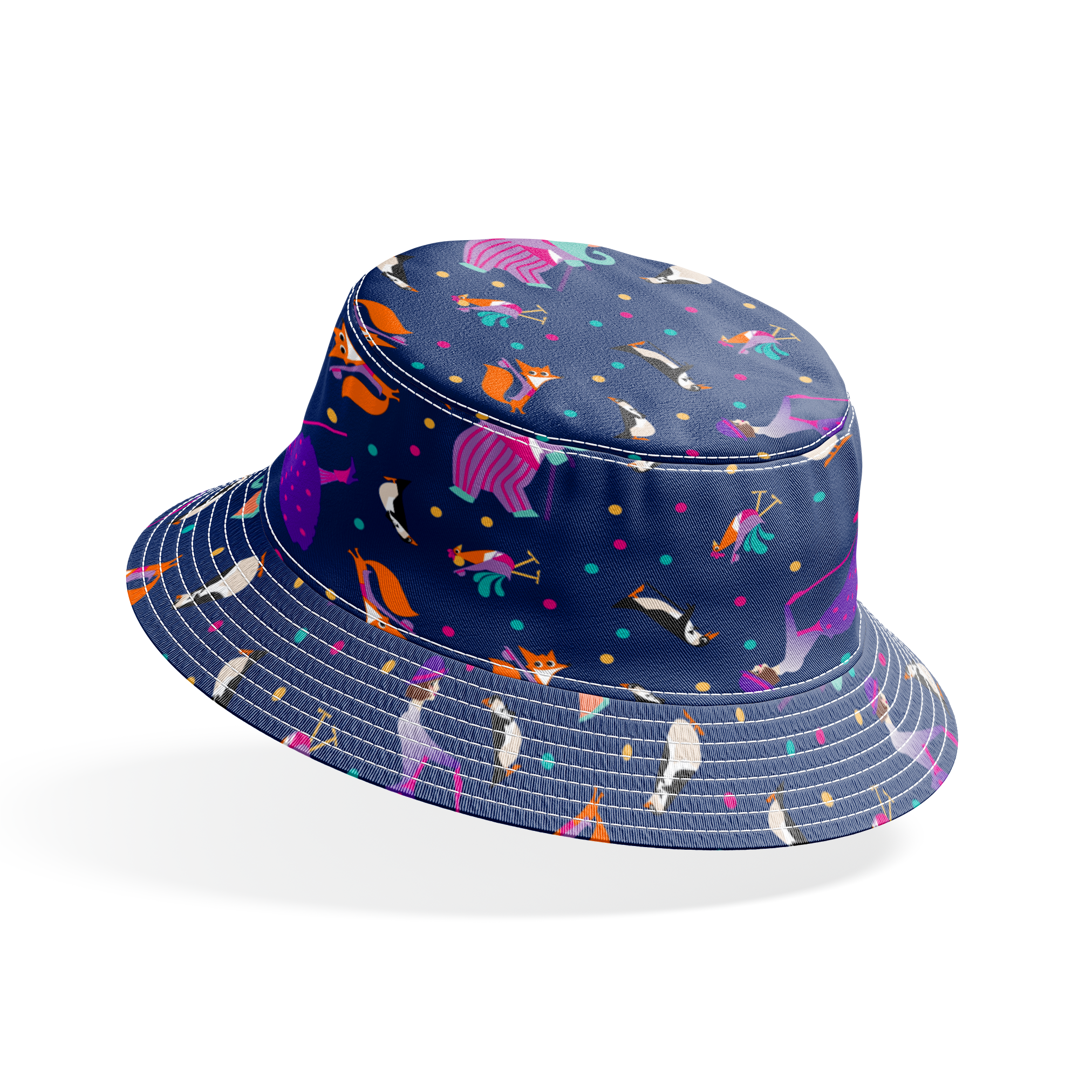 Colorful Mary Poppins pattern of whimsical animals including foxes and birds on a dark blue background with polka dots bucket hat mockup