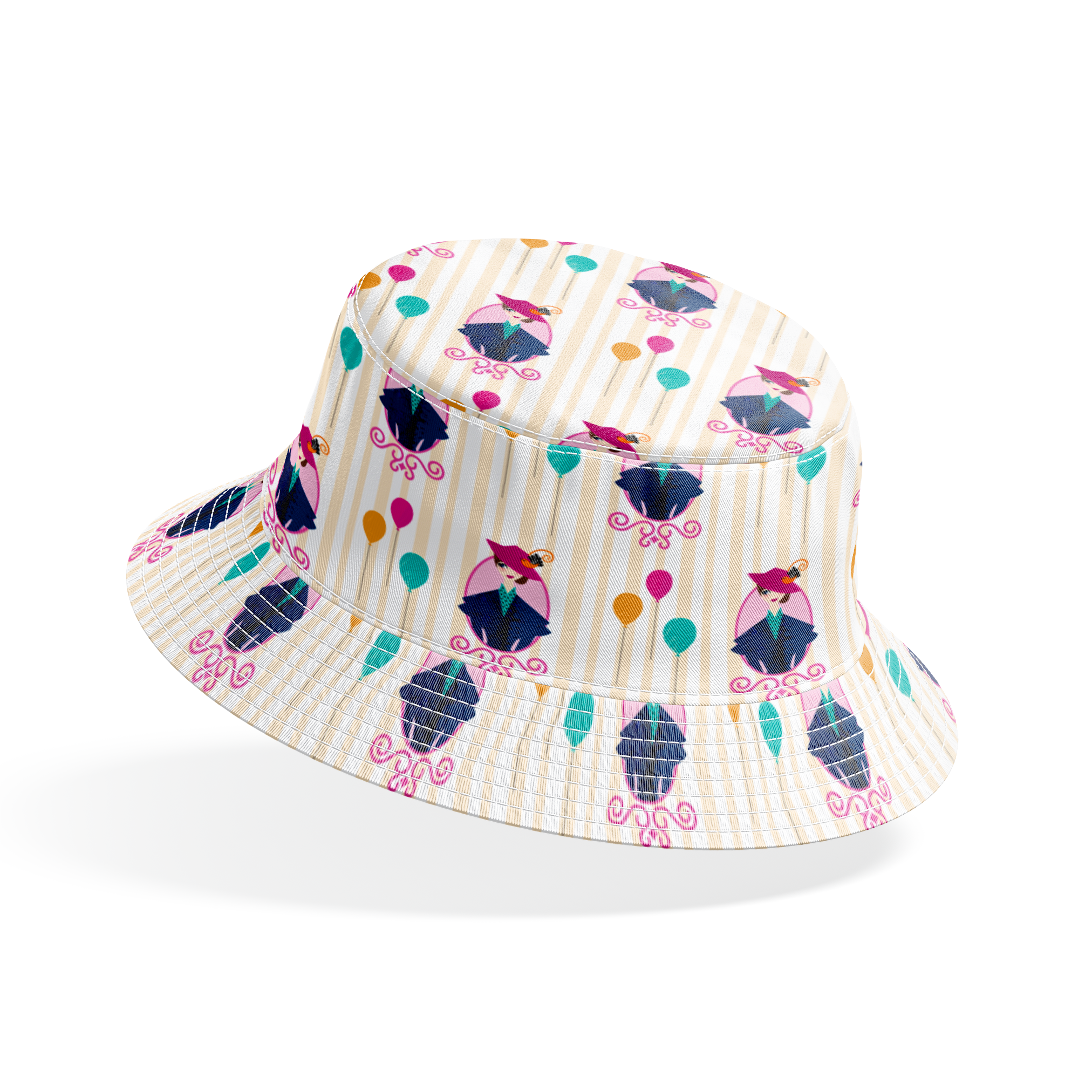 Mary Poppins displayed in decorative frames with colorful balloons against striped background bucket hat mockup