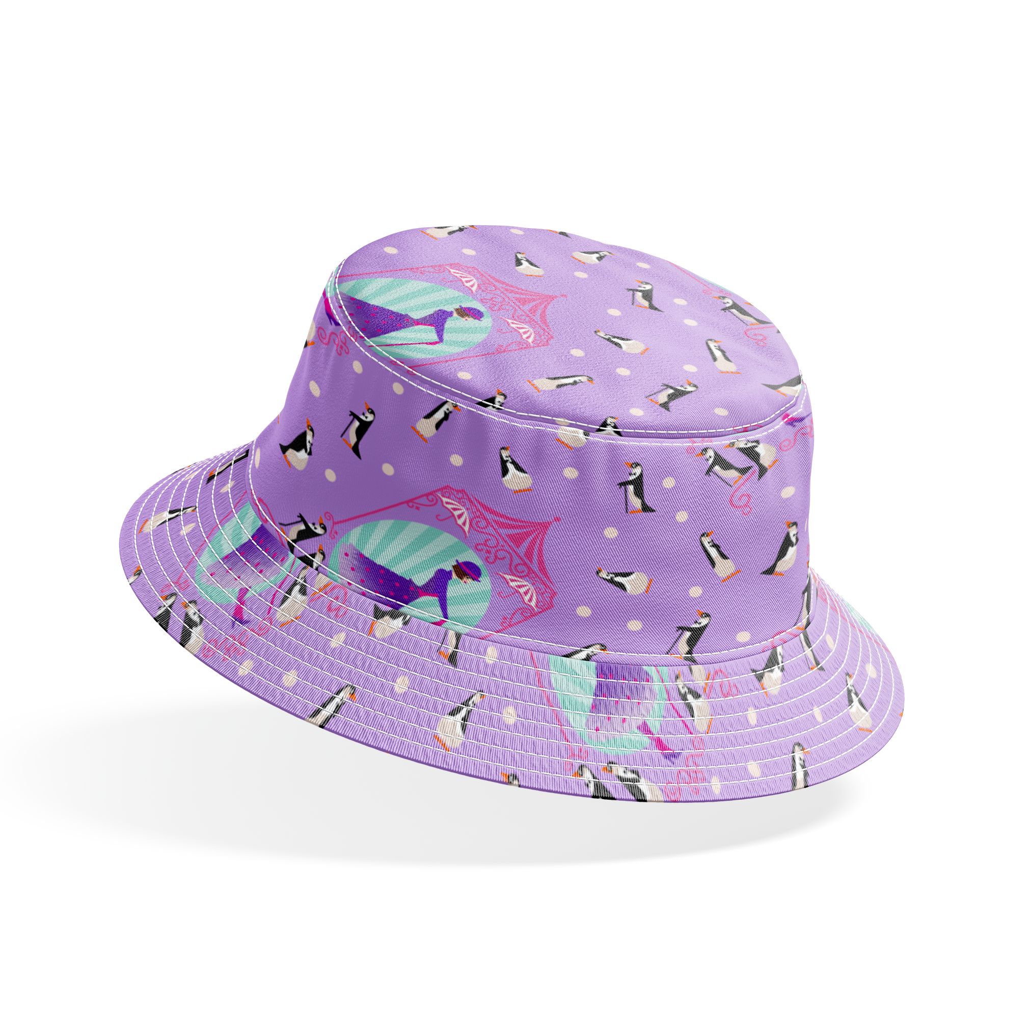 Playful pattern of penguins, Mary Poppins, and purple umbrellas on lavender background with white polka dots bucket hat mockup
