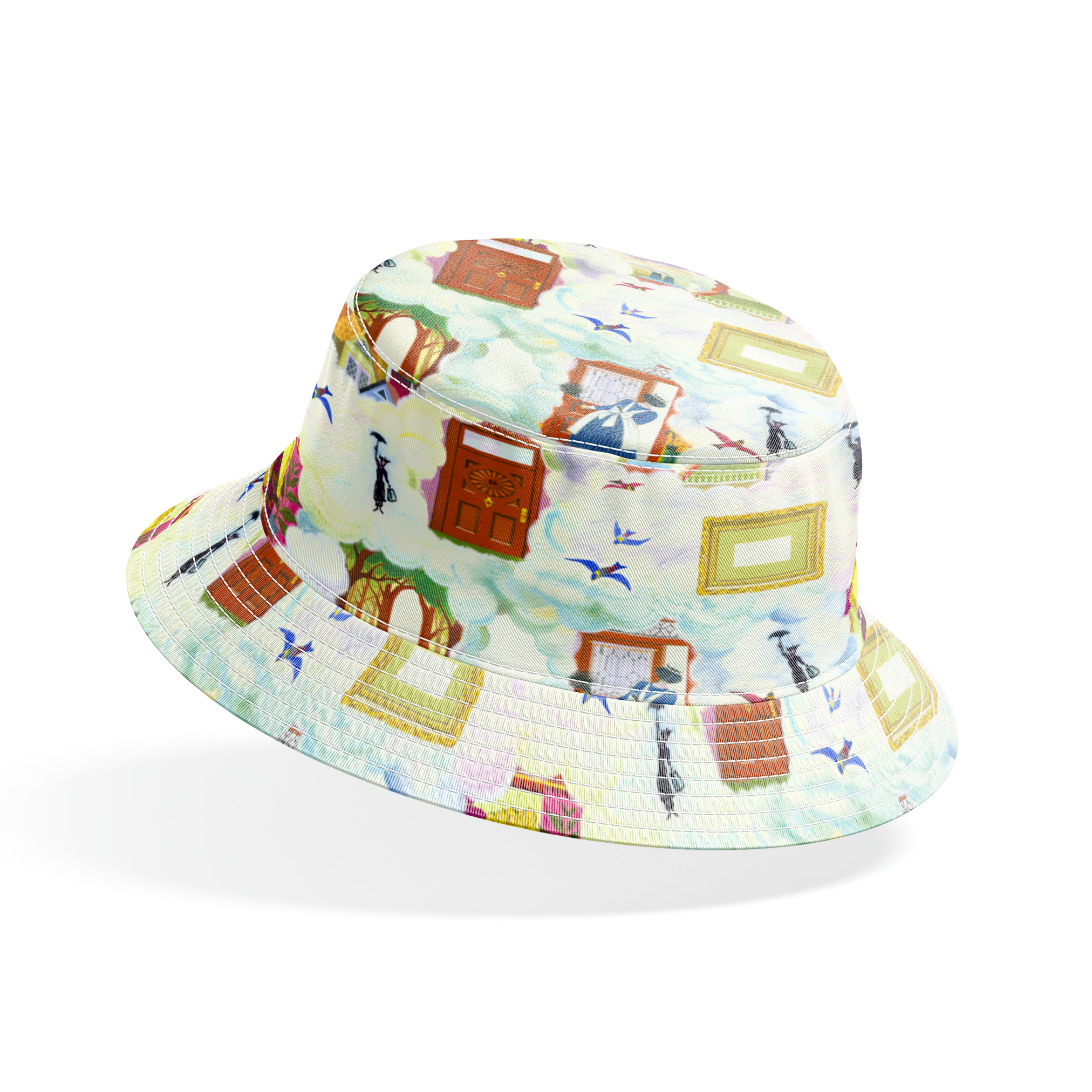 Whimsical pattern with colorful illustrated doorways, frames, and Mary Poppins with umbrellas on a pale blue background bucket hat mockup
