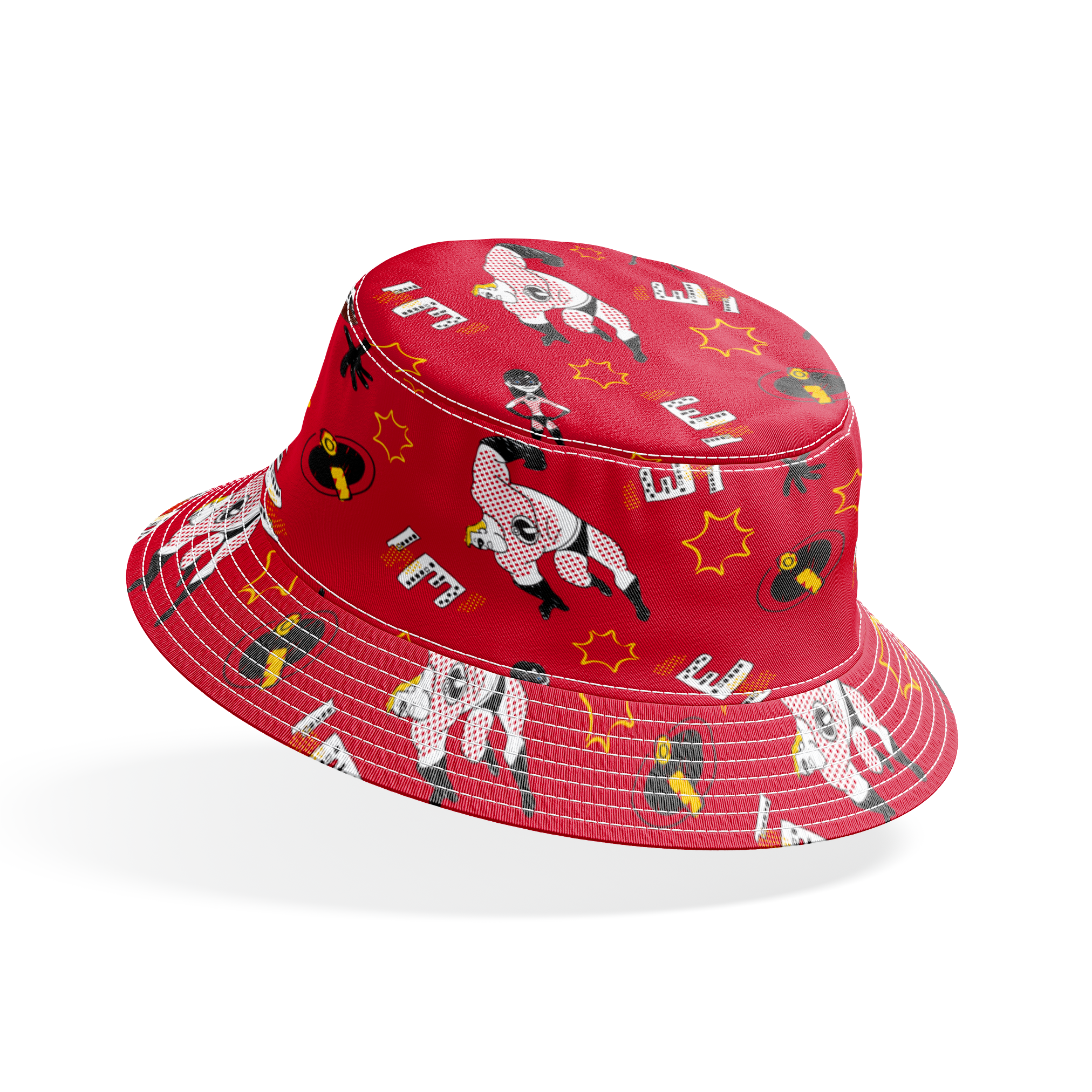 Red background pattern with The Incredibles, yellow stars, and comic book style graphic elements bucket hat mockup