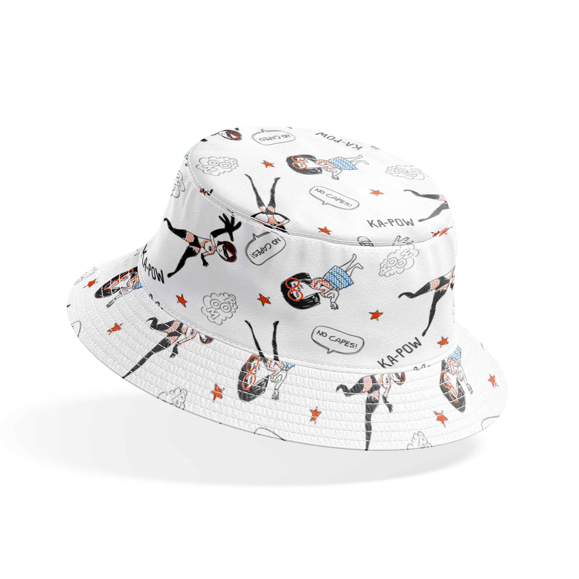 The Incredibles in dynamic poses with comic book sound effects like "KA-POW" on white background with orange stars bucket hat mockup