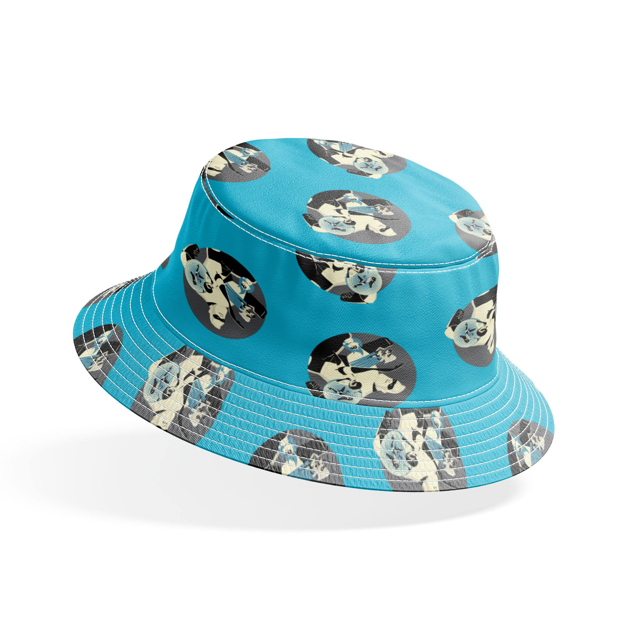 Repeating circular pattern of The Incredibles characters in gray circles on light blue background bucket hat mockup