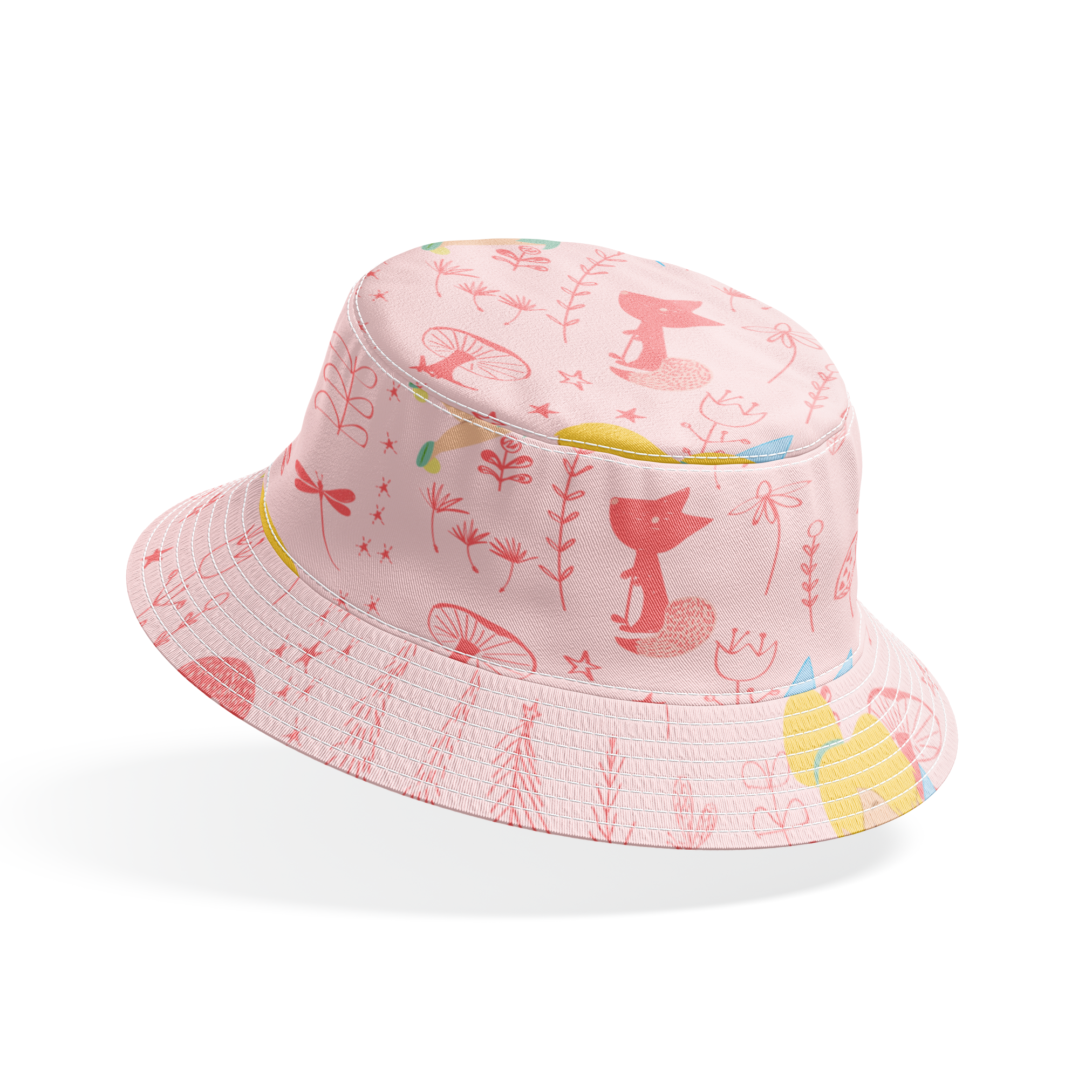 Pink whimsical pattern with cartoon fairy characters, forest animals, mushrooms, and plants in pastel colors bucket hat mockup