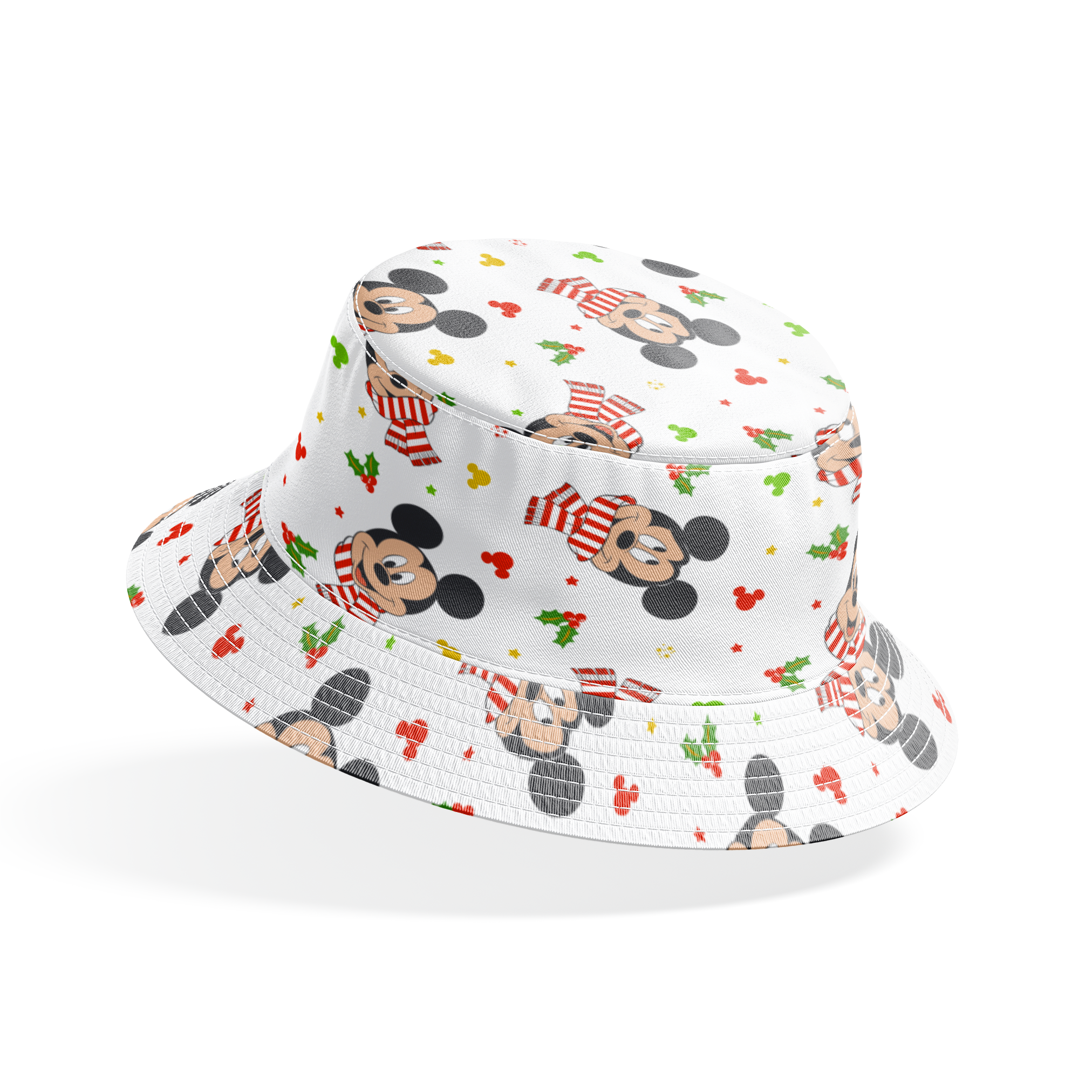 Mickey Mouse wearing red striped scarves, surrounded by holly and colorful icons on white background bucket hat mockup
