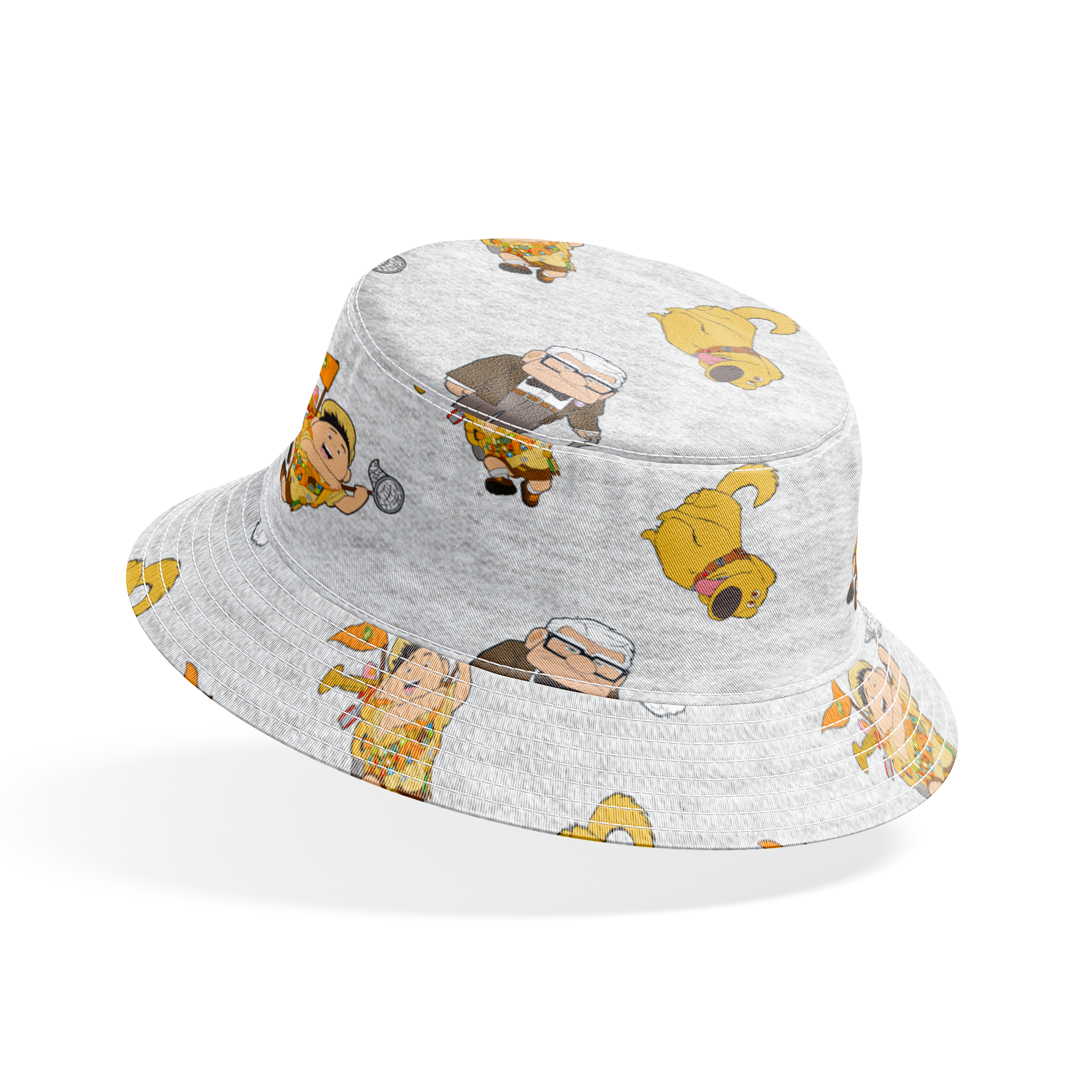 Cartoon characters from Disney's "Up" including Carl, Russell, and Dug on light gray background bucket hat mockup