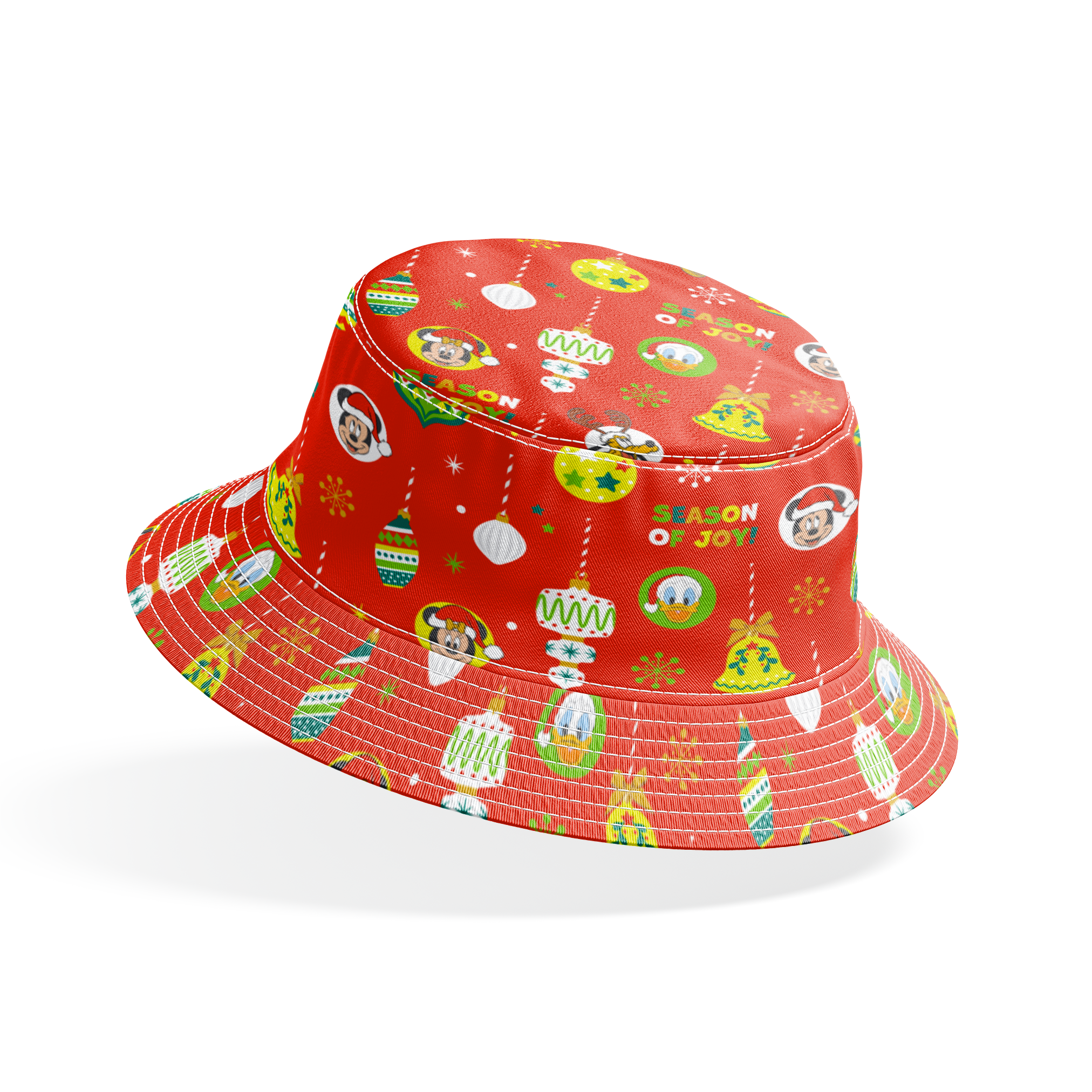Christmas ornament pattern with colorful baubles, bells, snowflakes and Mickey Mouse characters on bright red background bucket hat mockup