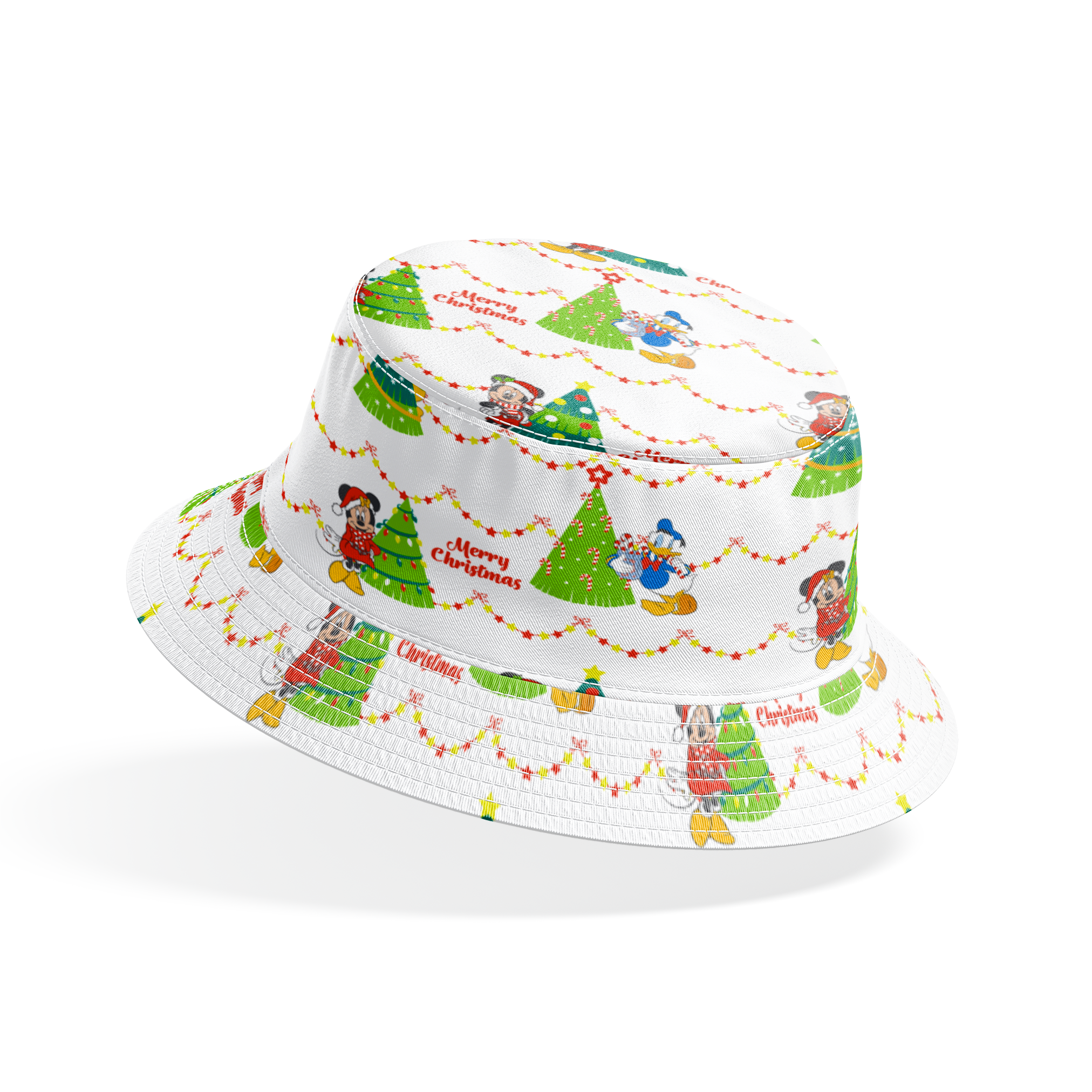 Disney Christmas pattern with Mickey, Minnie, and Donald beside decorated trees with star garland borders bucket hat mockup