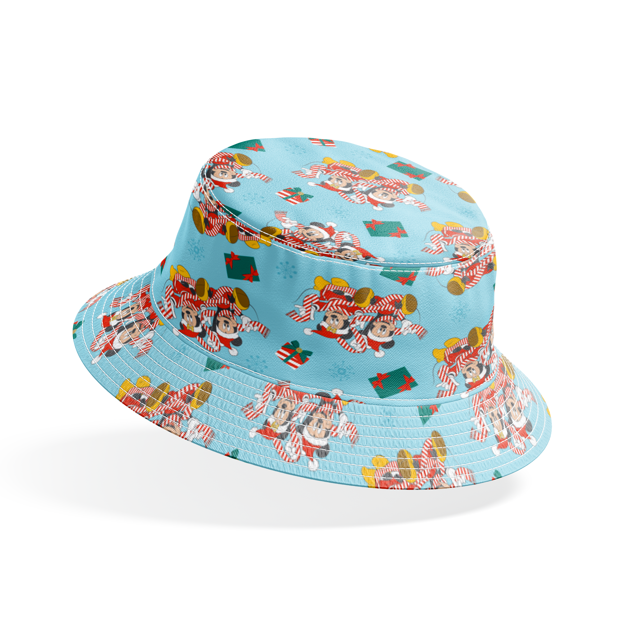Mickey and Minnie Mouse pattern with candy stripe pajamas, presents, and snowflakes on light blue background bucket hat mockup