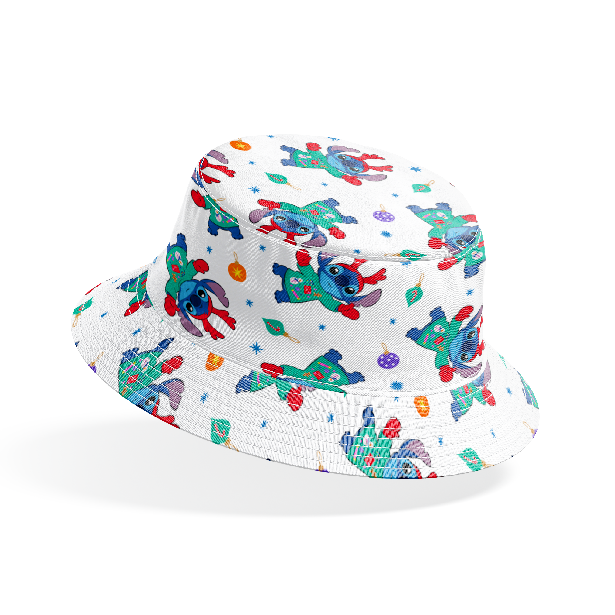 Disney's Stitch wearing green Christmas sweater and red scarf in repeating pattern with ornaments and stars. bucket hat mockup