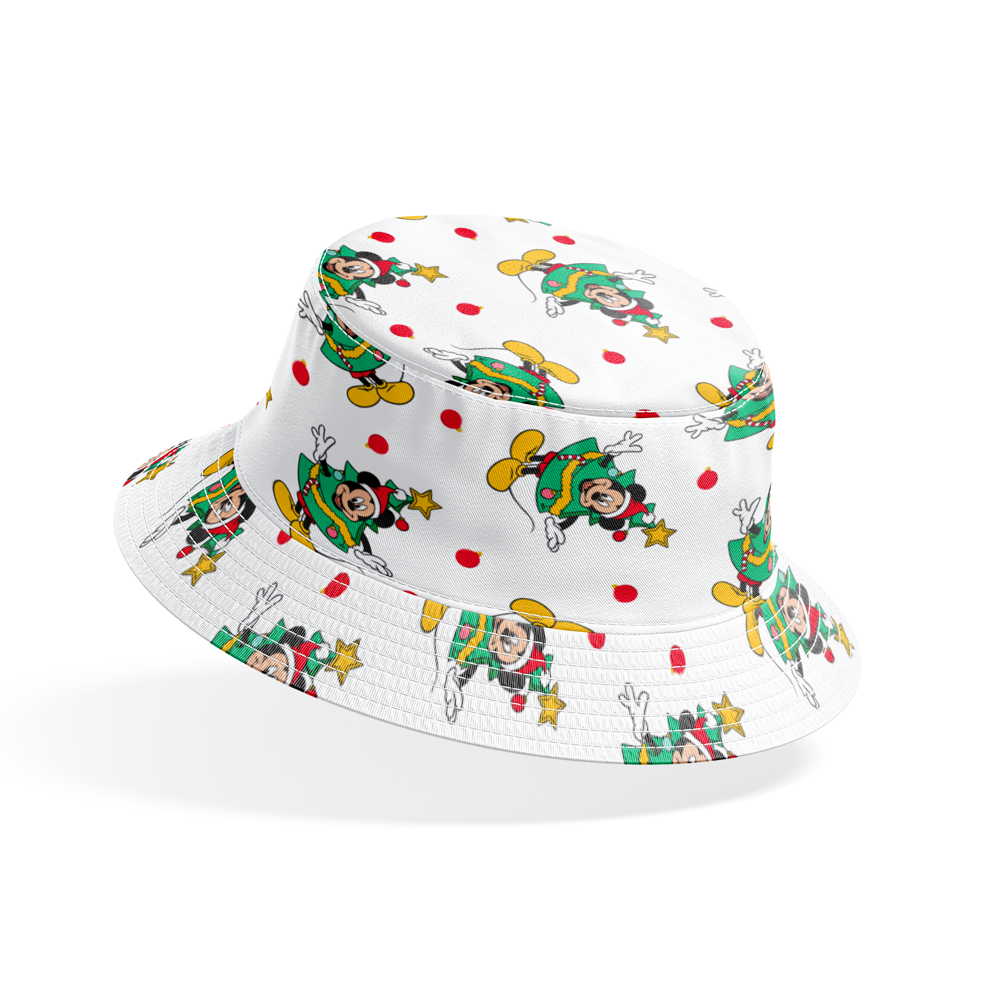 Mickey Mouse in a Christmas tree costume and stars on white background with red dots bucket hat mockup