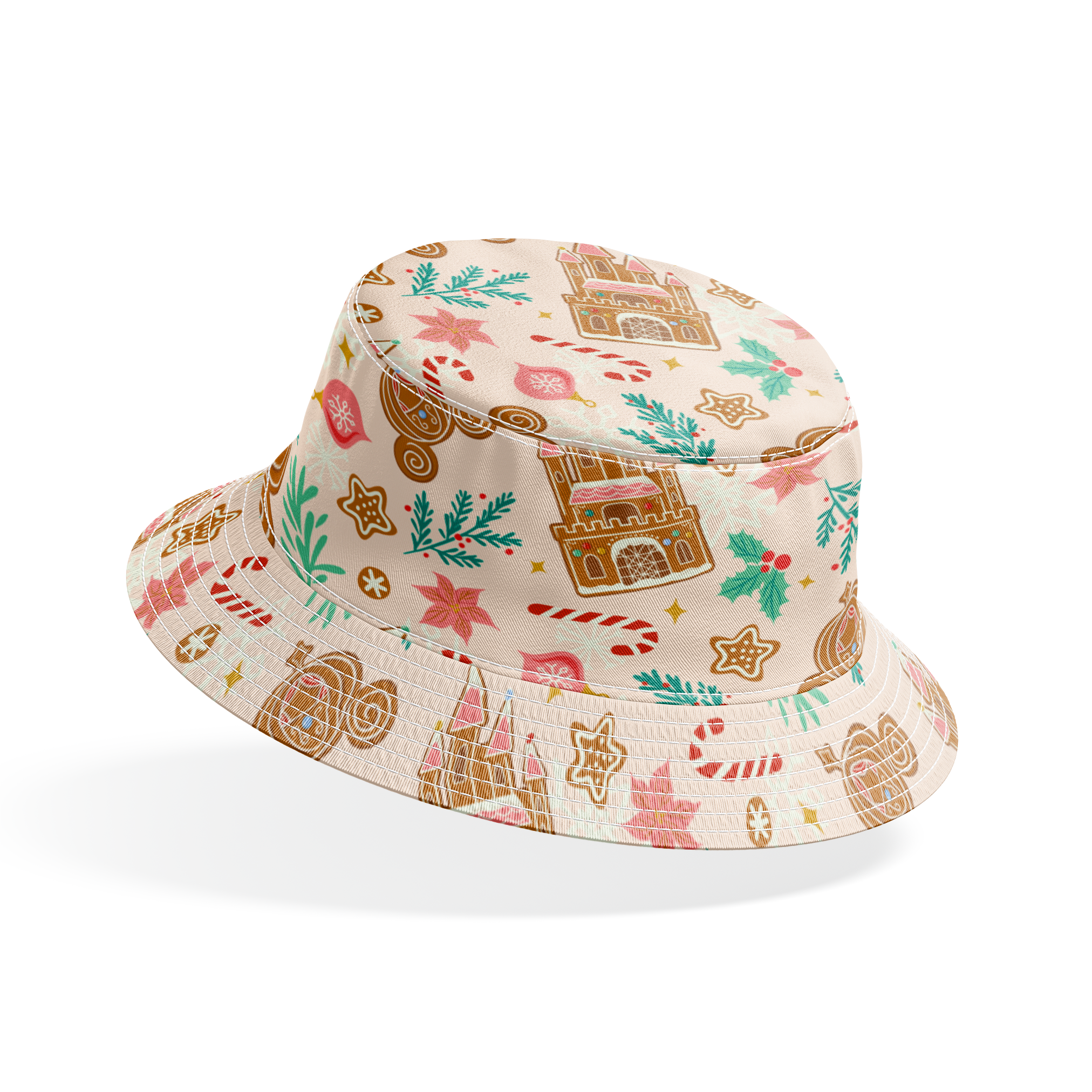 Disney Christmas pattern with gingerbread castles, carriages, candy canes, stars, and pine sprigs in holiday colors bucket hat mockup