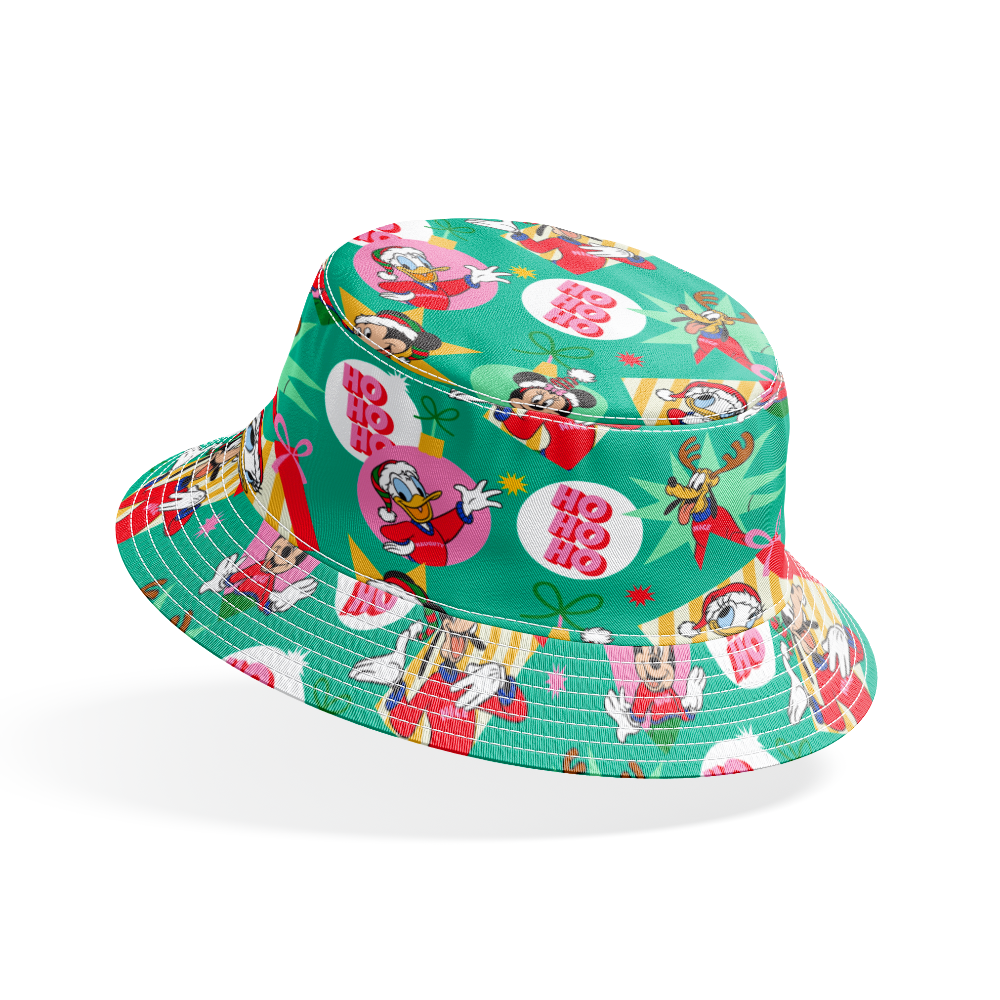 Festive Disney characters on green holiday pattern with "Ho Ho Ho" text and Christmas ornaments bucket hat mockup