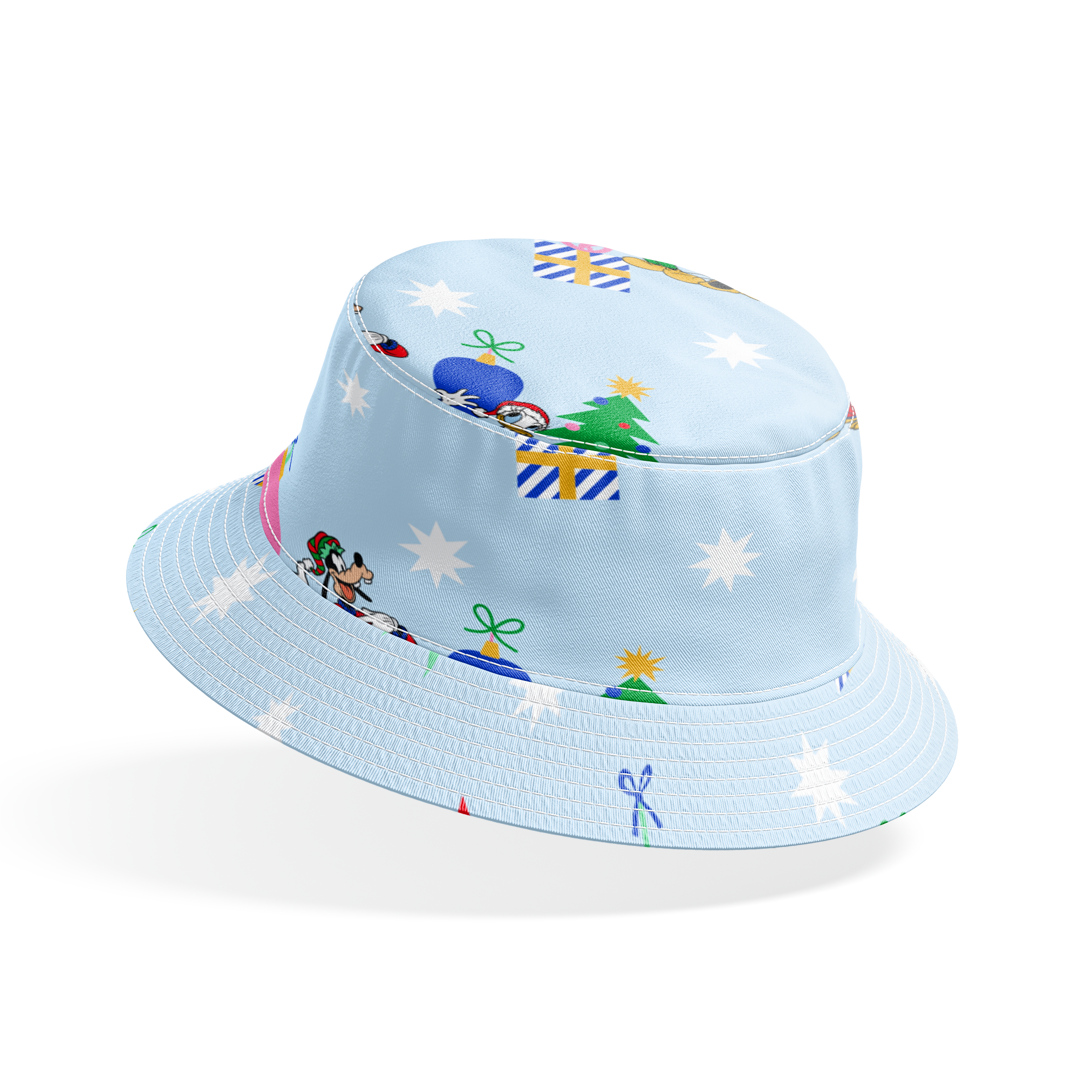 Cartoon Disney characters in festive poses with Christmas trees, ornaments, and stars on light blue snowy background bucket hat mockup