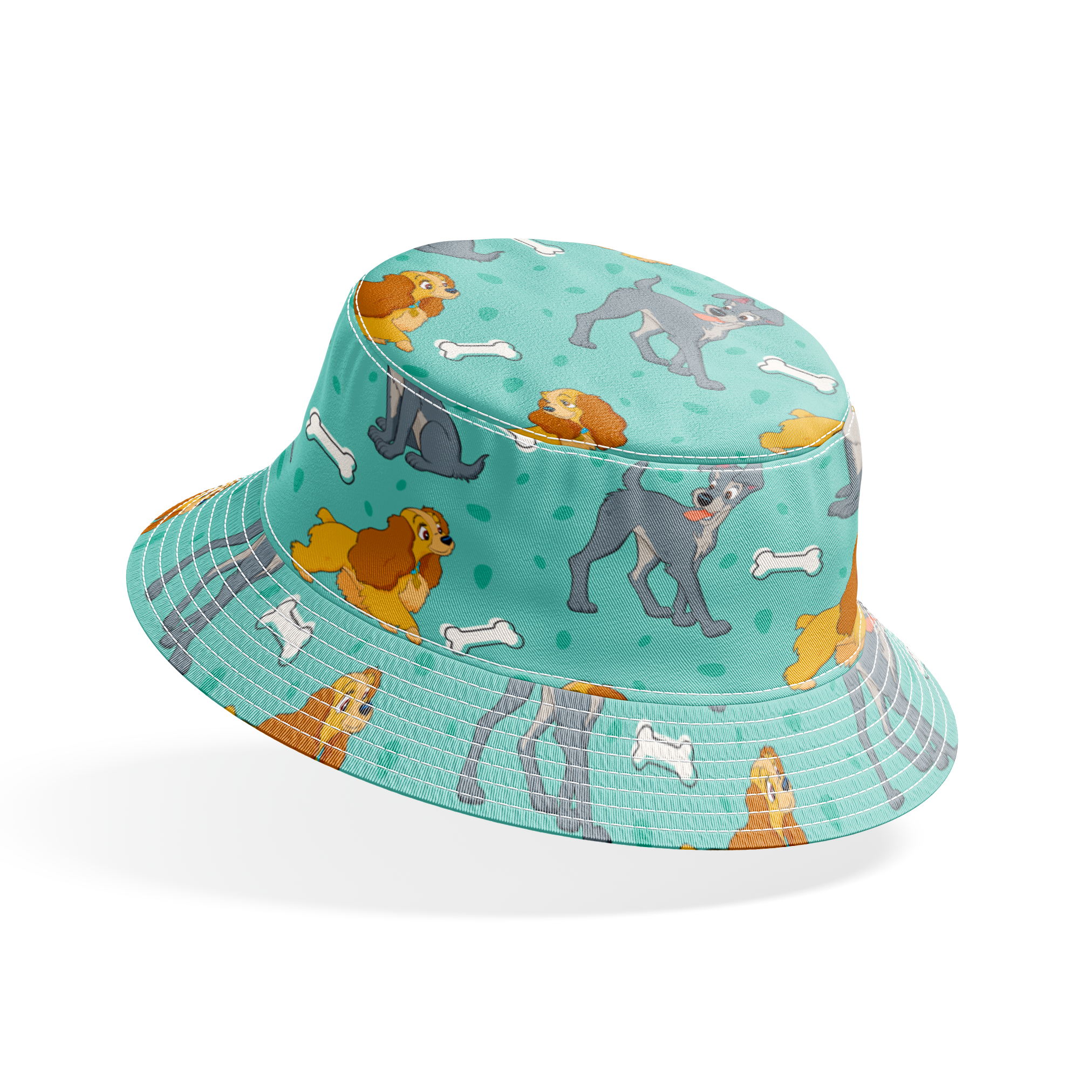 Cartoon pattern of gray dogs and golden cocker spaniels with white bones on turquoise background bucket hat mockup