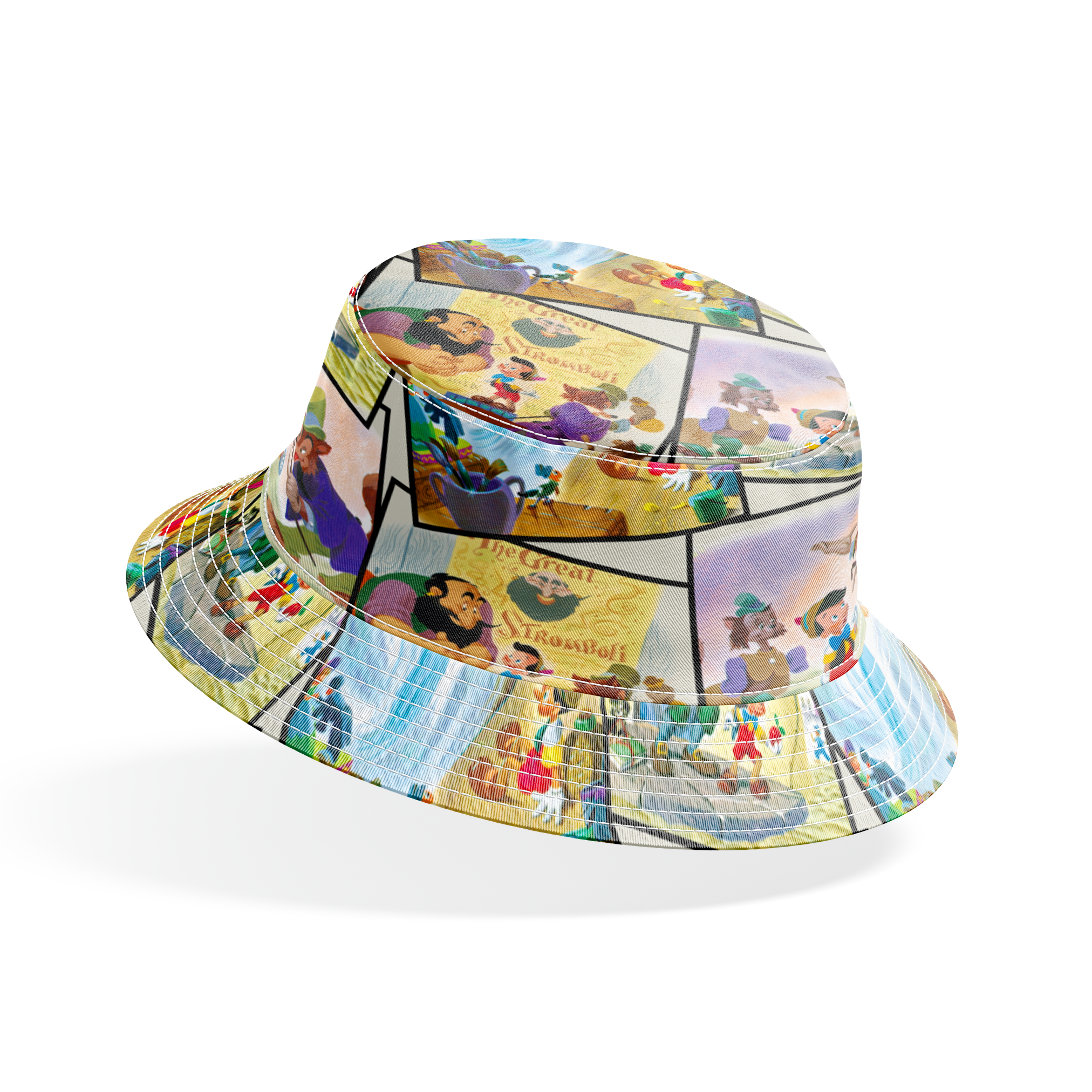 Colorful collage of Pinocchio scenes showing the wooden puppet, Geppetto, and other characters from the classic fairy tale. bucket hat mockup