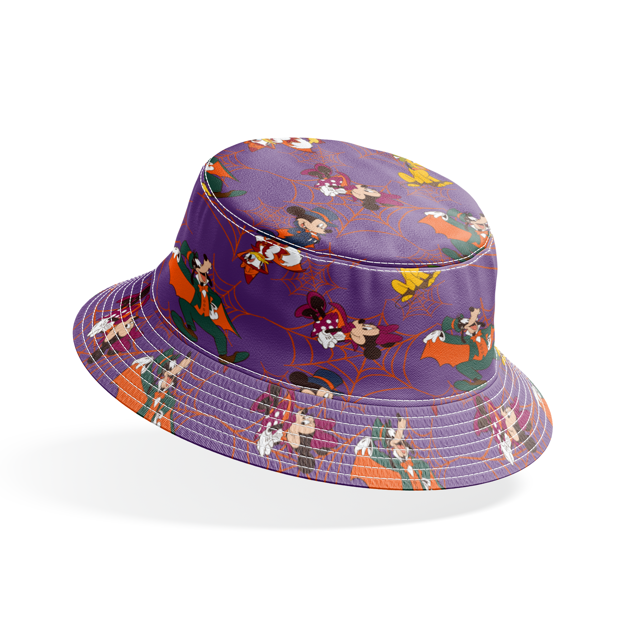 Disney cartoon characters in Halloween costumes on purple background with orange spider webs bucket hat mockup