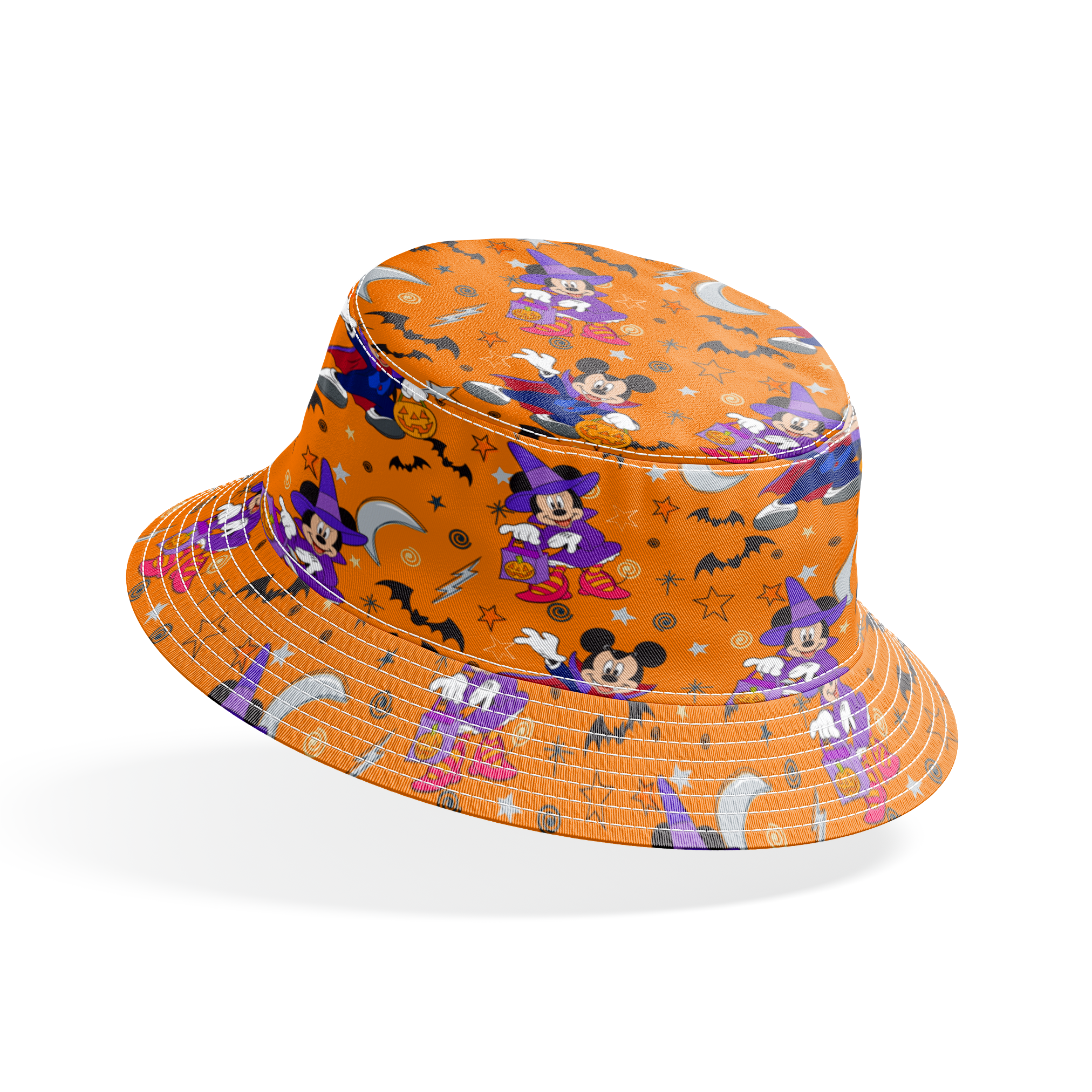 Halloween-themed cartoon pattern with Disney characters in costumes, bats, stars, moons, and ghosts on orange background. bucket hat mockup