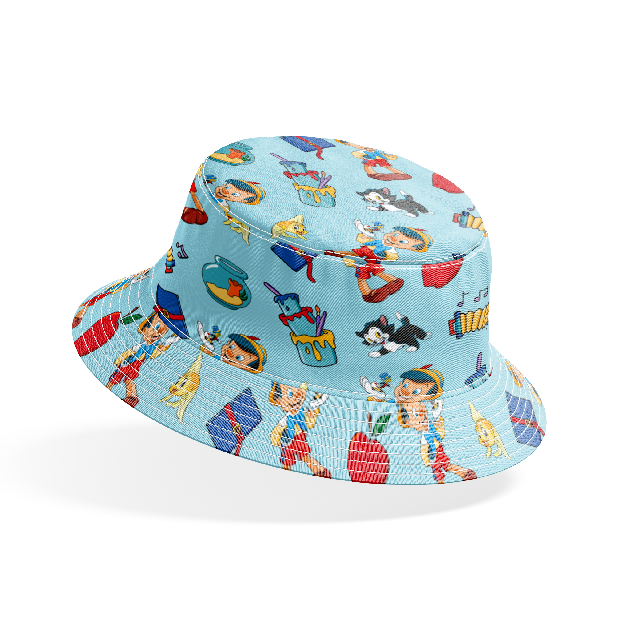 Cartoon pattern with wooden puppets, red apples, musical notes, goldfish bowls, cats, and books on light blue background bucket hat mockup