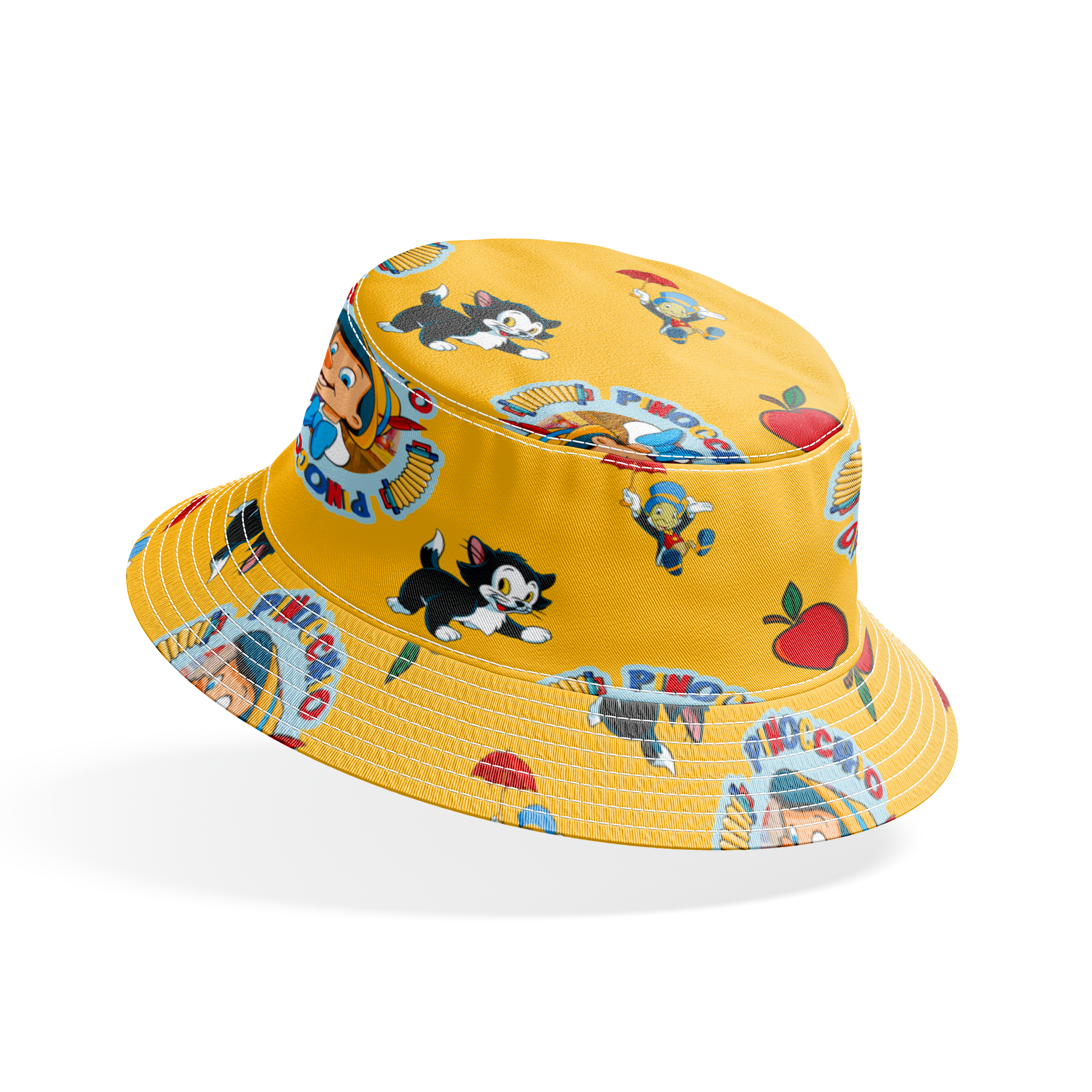 Pinocchio and Disney character pattern on yellow background with circular logos and red apples bucket hat mockup