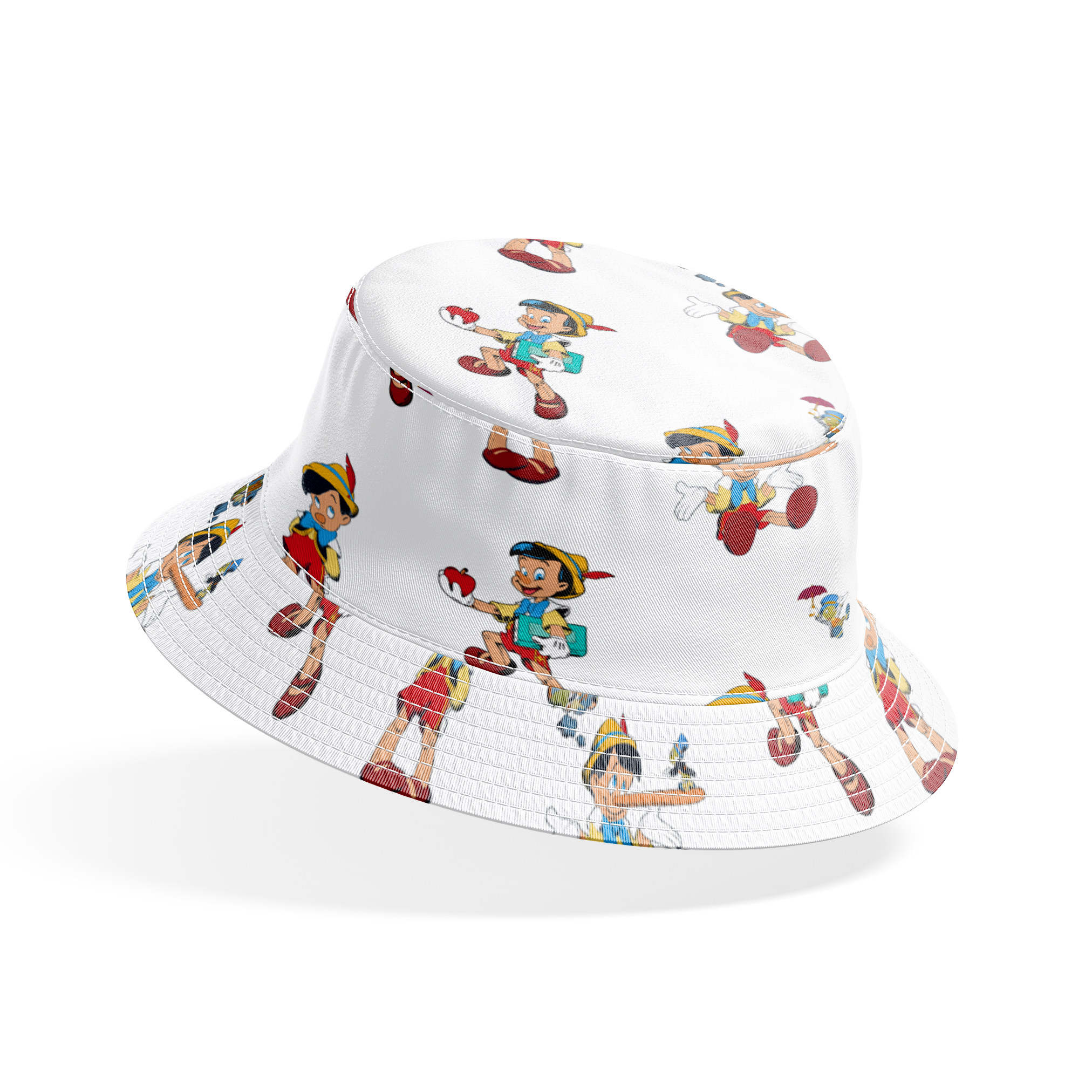Repeating pattern of cartoon wooden puppet character with pointed hat in various poses bucket hat mockup