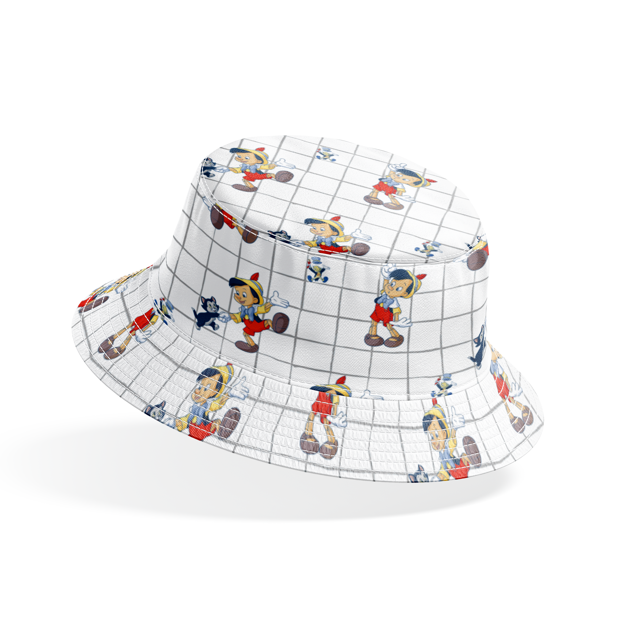 Classic cartoon puppets with red shorts, yellow hats on white grid pattern with small black cat figures bucket hat mockup