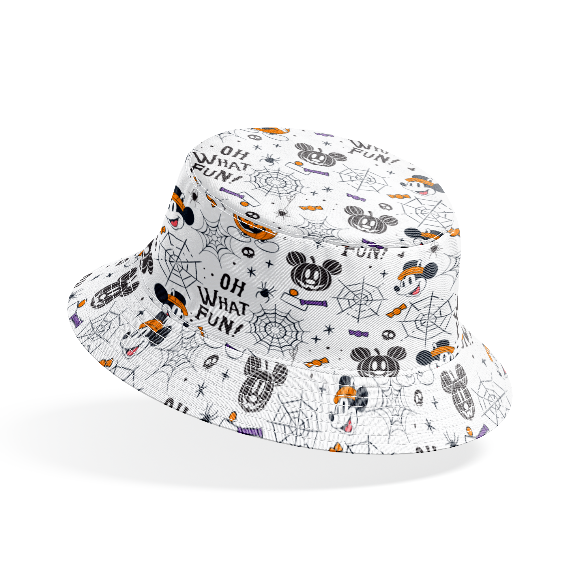 Halloween-themed cartoon pattern with Mickey Mouse characters, pumpkins, spider webs, and "OH WHAT FUN!" text on white background bucket hat mockup