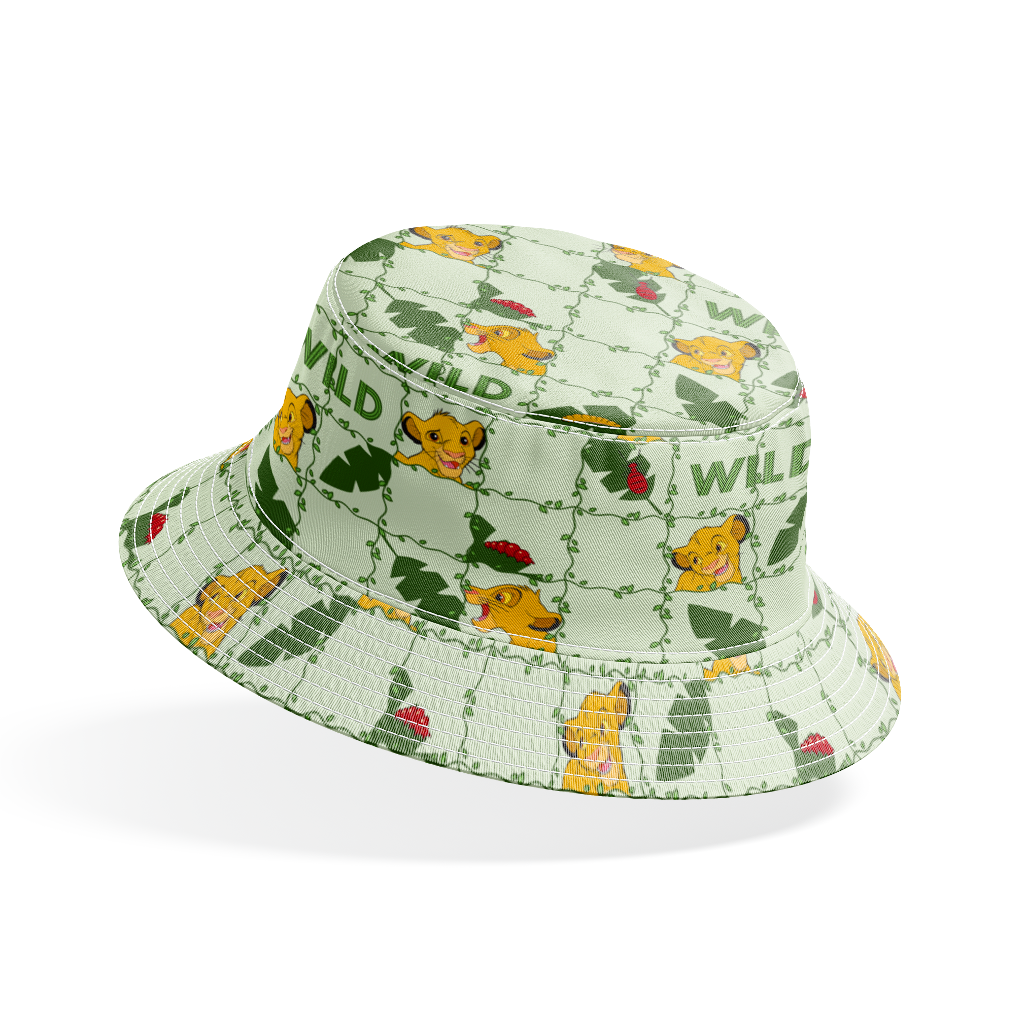 Young cartoon lion cubs with tropical leaves and "WILD" text on light green background pattern bucket hat mockup