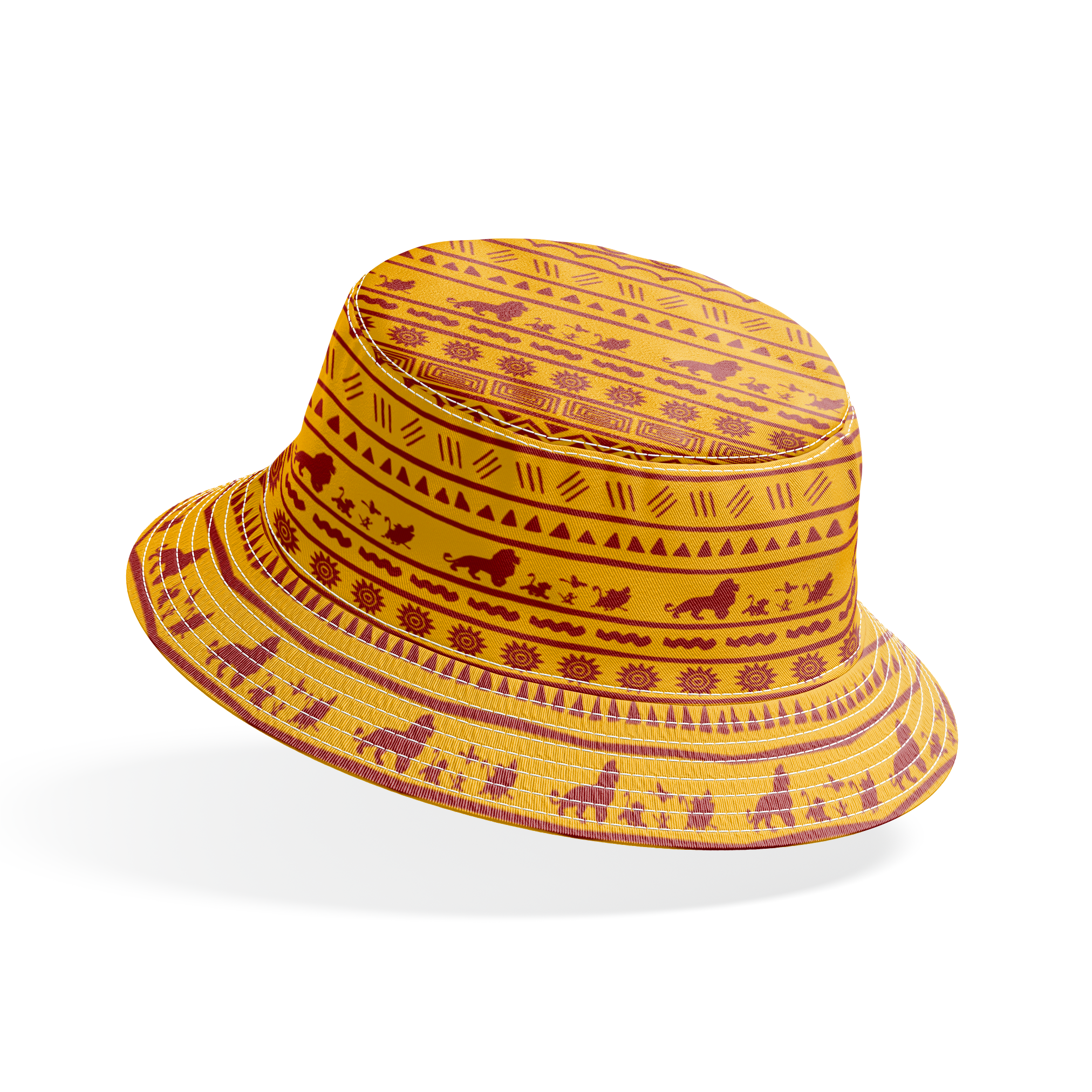 Traditional African pattern in yellow and maroon with spirals, lions, geometric designs, and sun symbols arranged in horizontal bands bucket hat mockup
