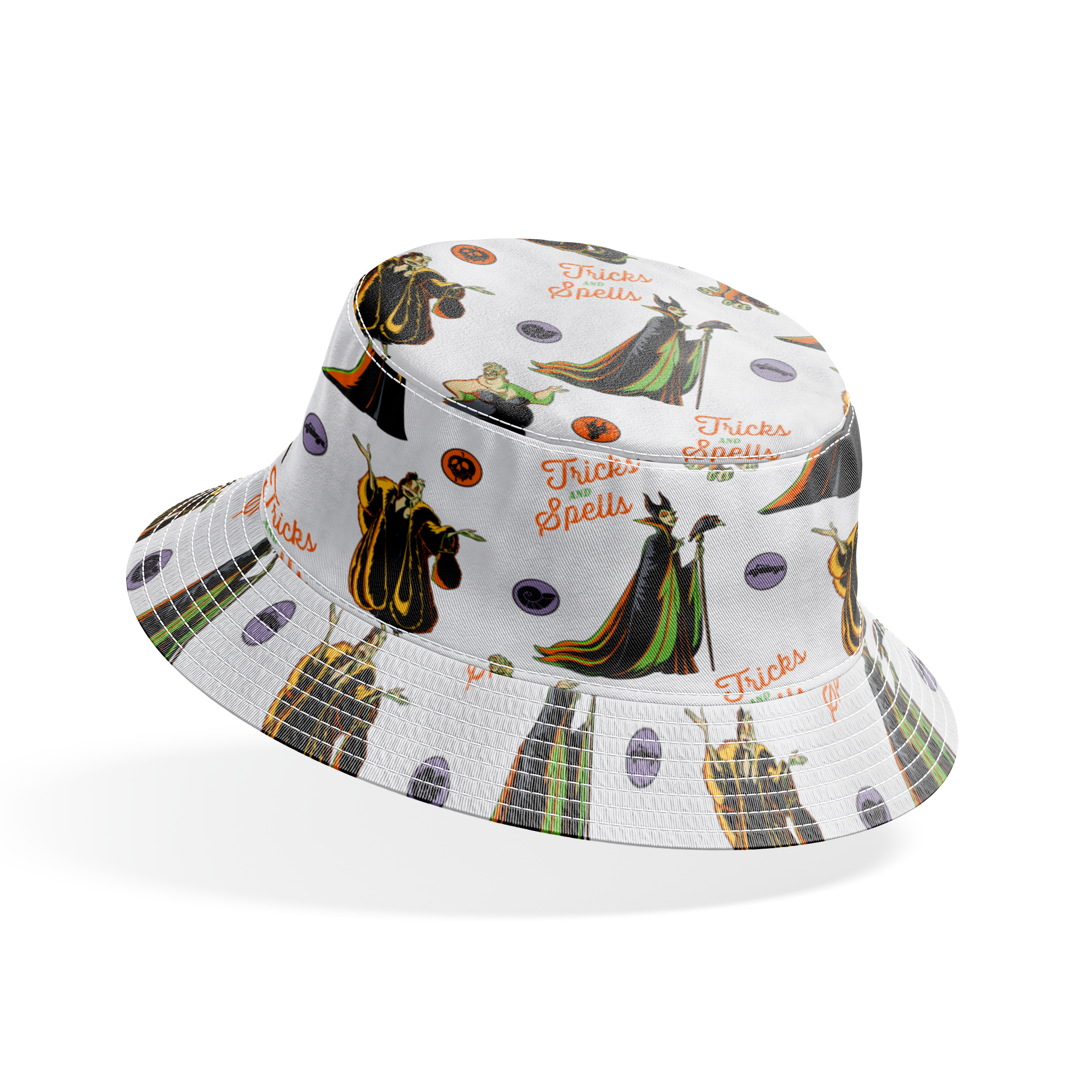 Halloween pattern with Disney villains, spells text, and magical symbols on light background bucket hat mockup