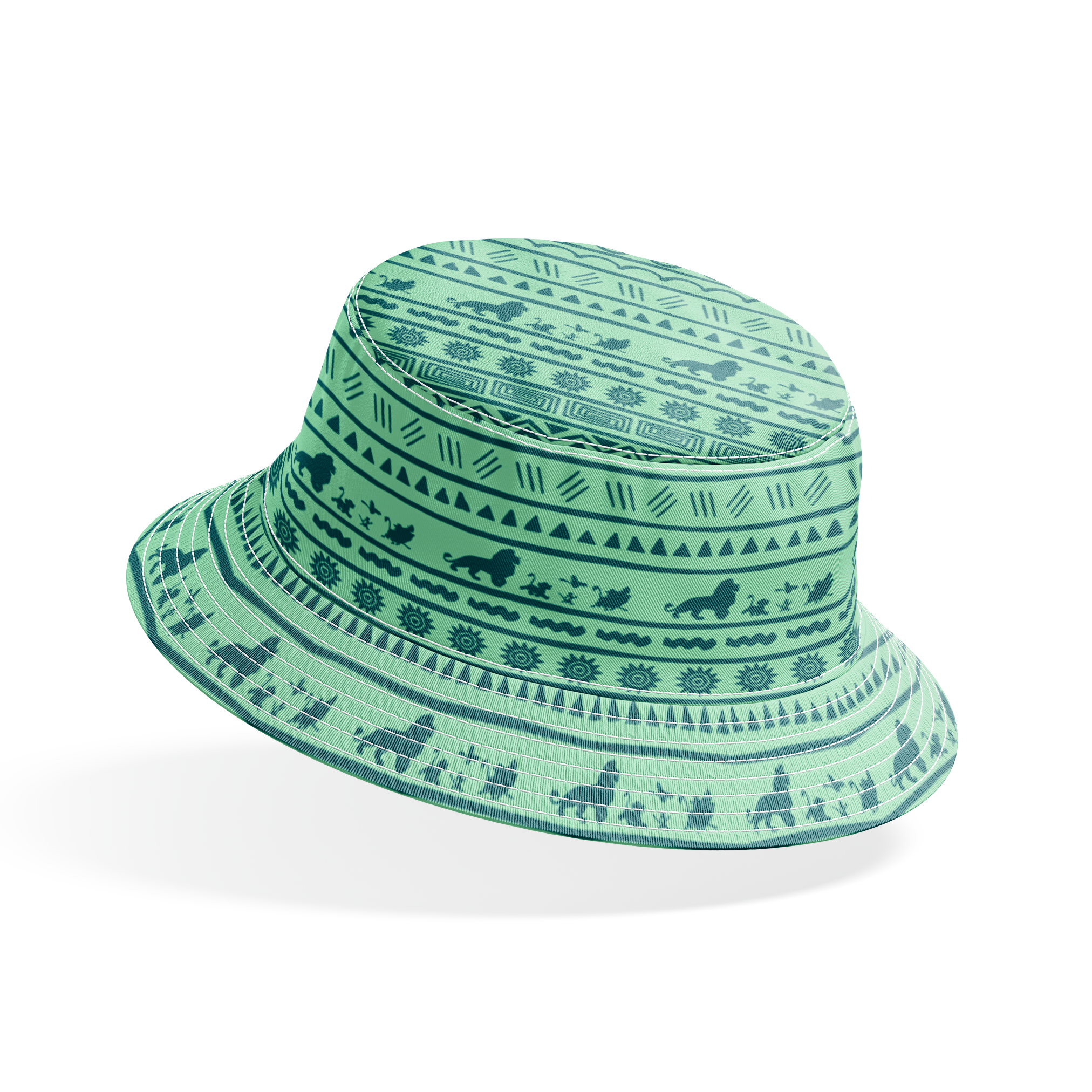 Traditional African-inspired pattern in dark teal on mint green with lions, spirals, triangles, and geometric motifs bucket hat mockup