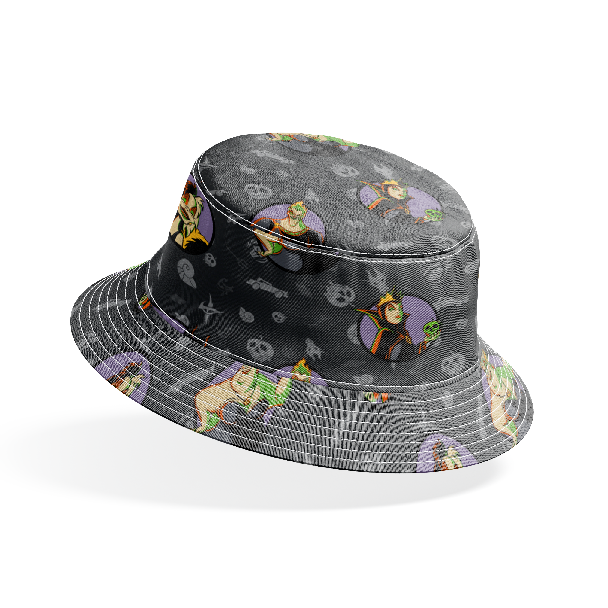 Cartoon Disney villains in purple circles on dark gray background with villain-themed icons bucket hat mockup