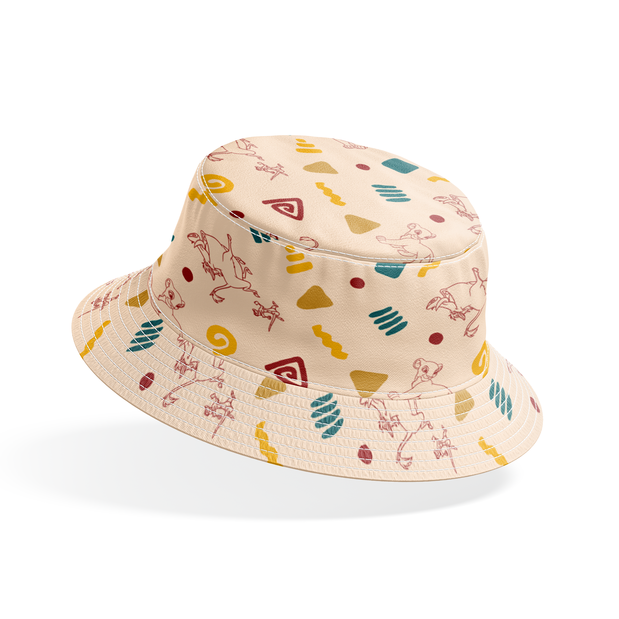 Abstract pattern with line art animal sketches, geometric shapes in teal, yellow, and burgundy on beige background bucket hat mockup