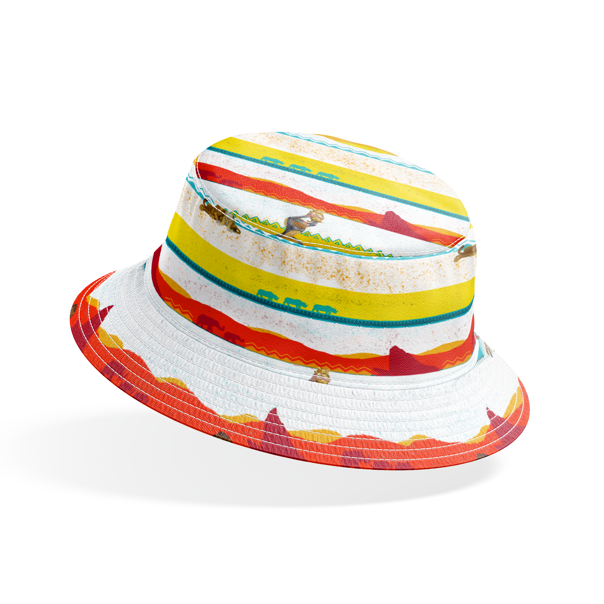 Colorful horizontal striped pattern featuring wildlife silhouettes including lion, elephant, and animals in savanna landscapes. bucket hat mockup