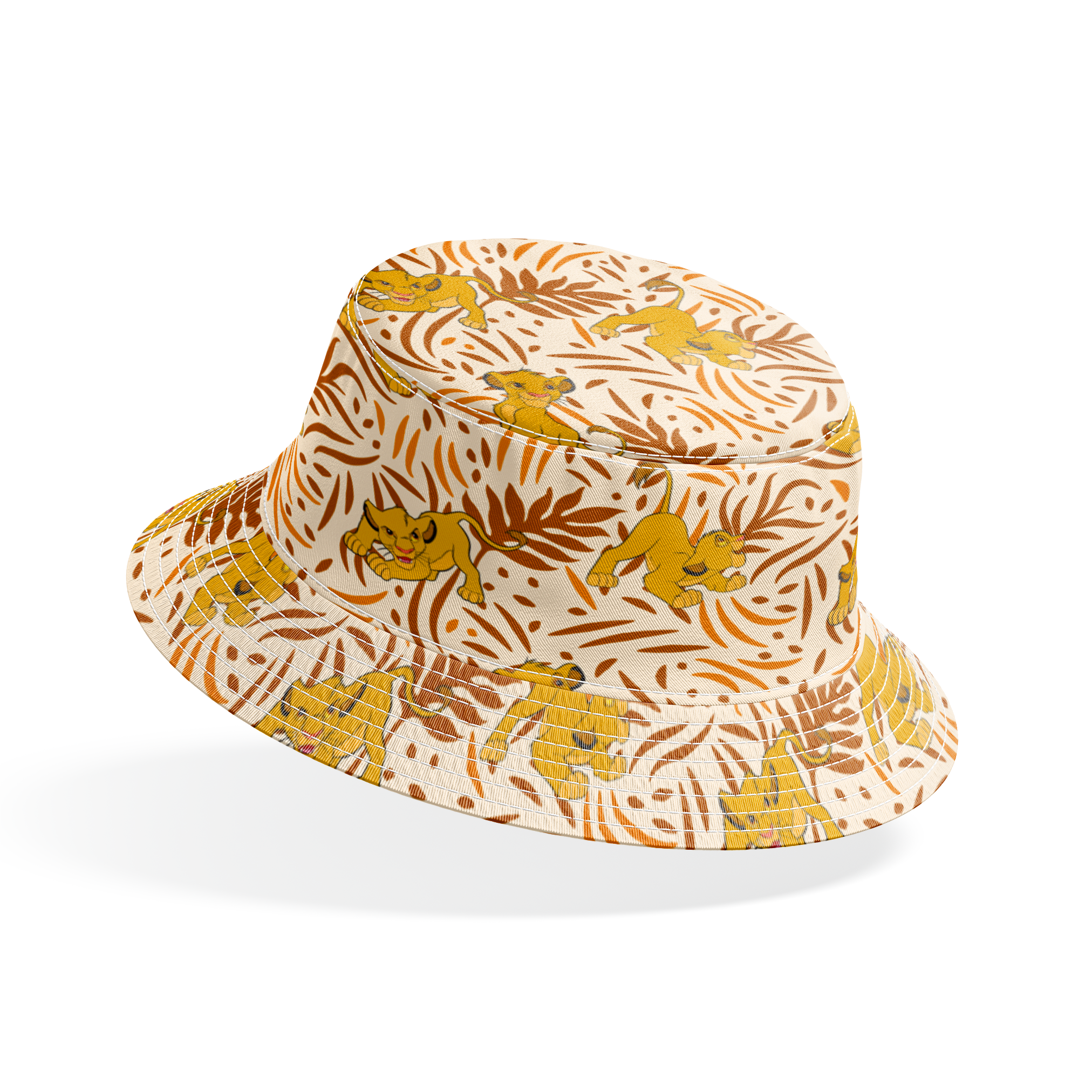 Cartoon lion cubs playing among stylized brown palm leaf pattern on cream background bucket hat mockup