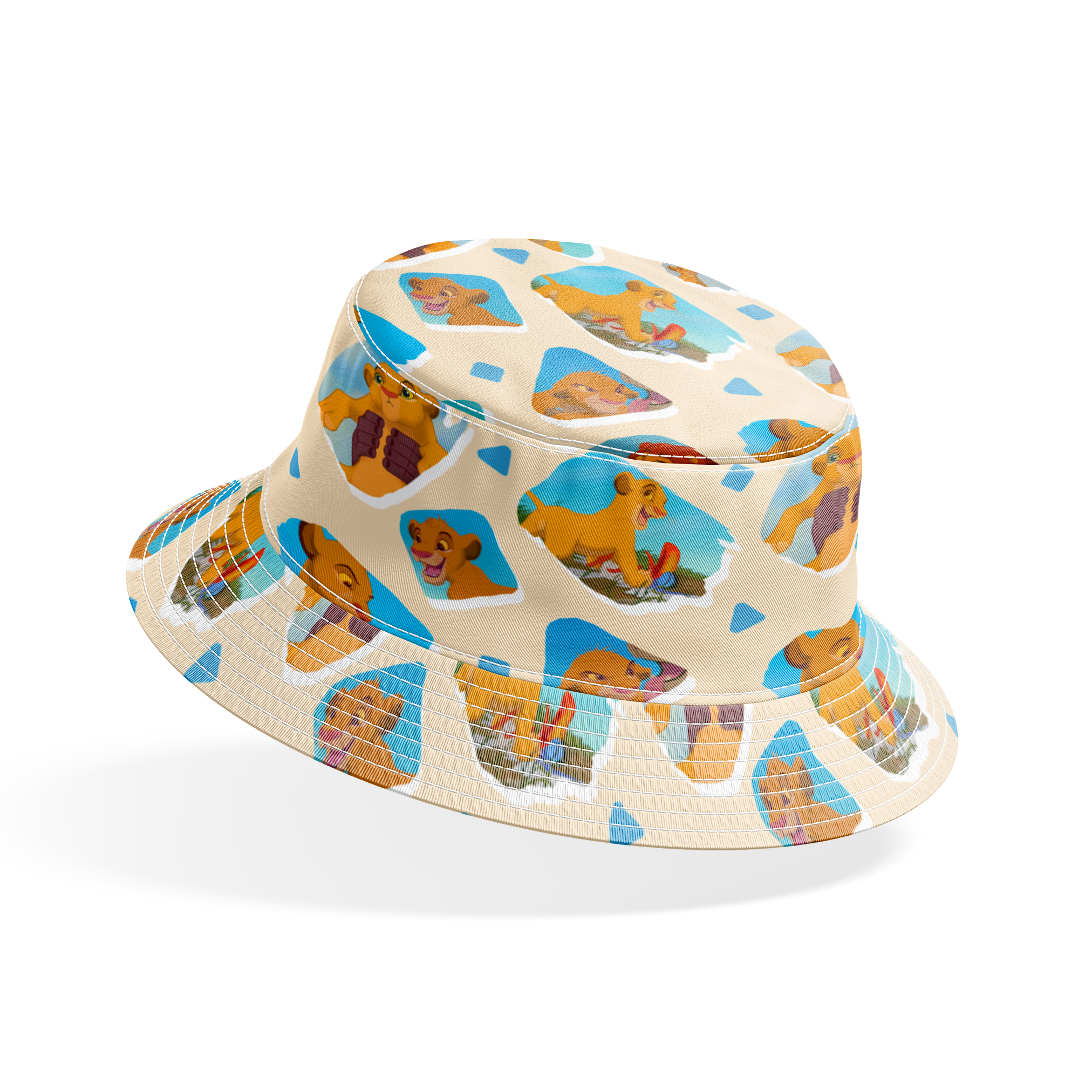 Young lion cub characters from The Lion King in a repeating pattern on cream background bucket hat mockup