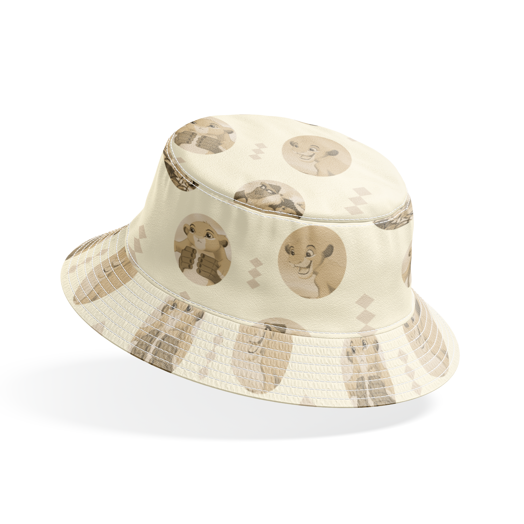 Lion King characters in sepia tone portraits on cream background with diamond pattern bucket hat mockup