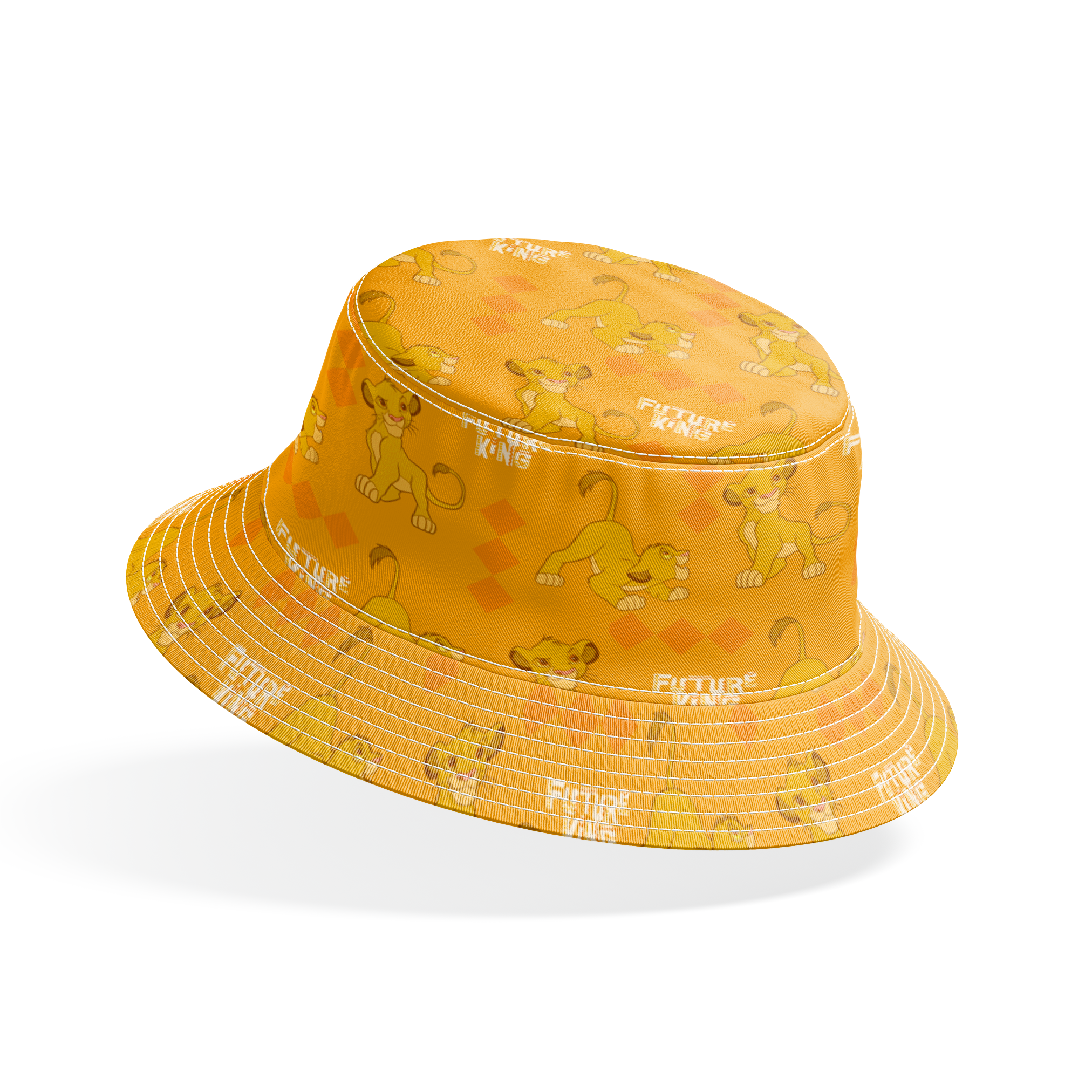 Young lion cub cartoon pattern on orange diamond background with "Future King" text bucket hat mockup