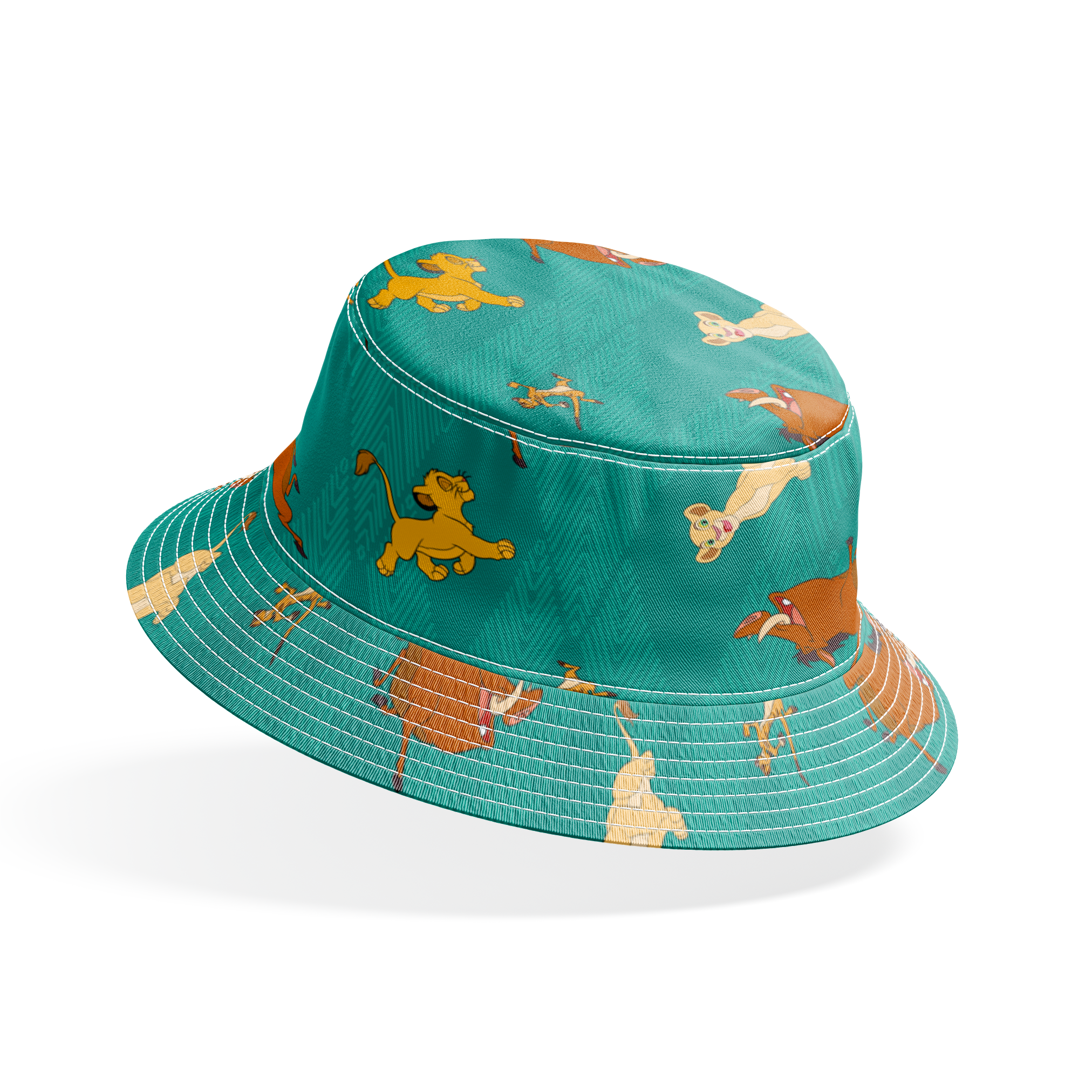 Lion cubs in various poses on teal zigzag background; yellow, cream, and brown lions jumping and sitting bucket hat mockup