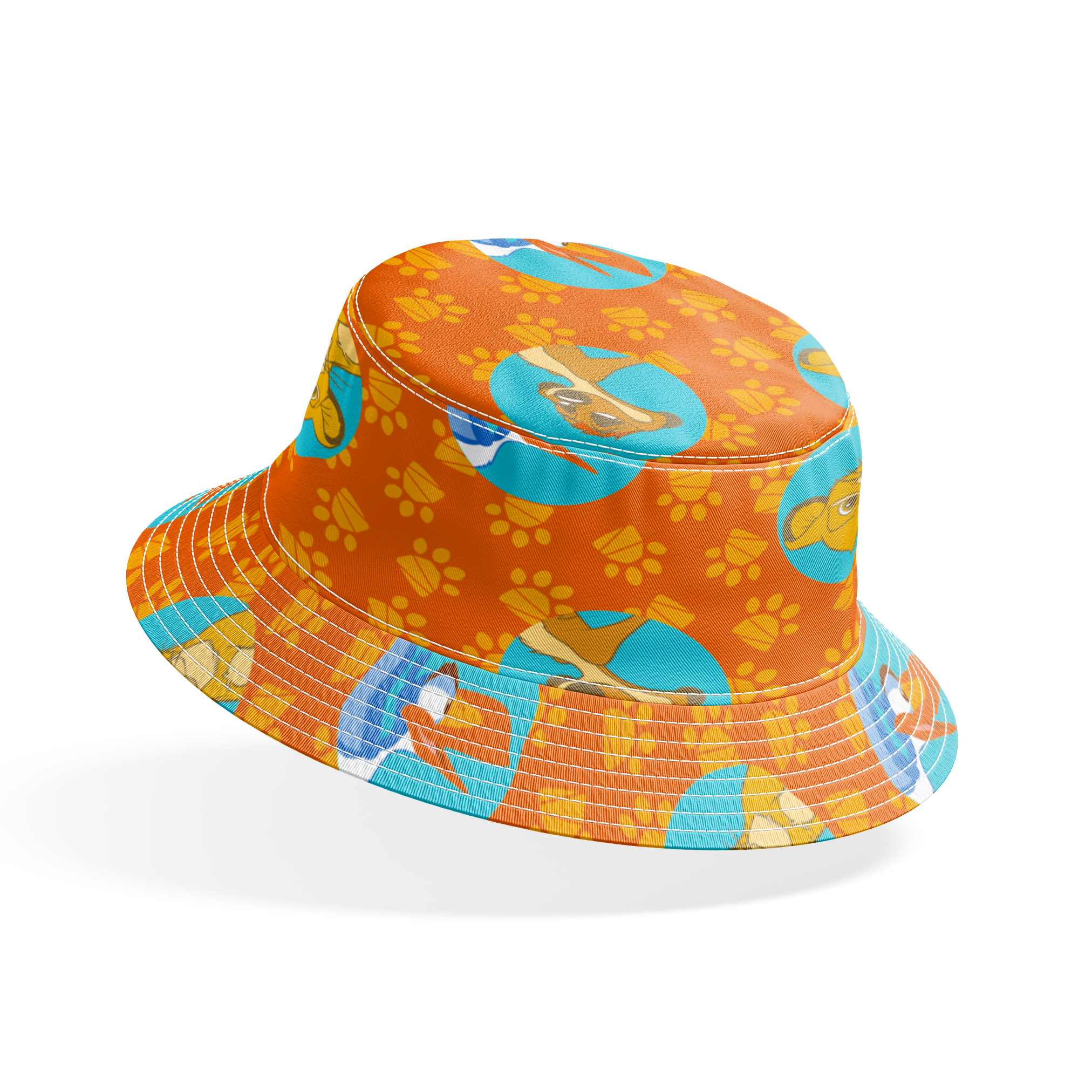 Cartoon animal characters in blue circles on orange background with yellow paw prints pattern bucket hat mockup