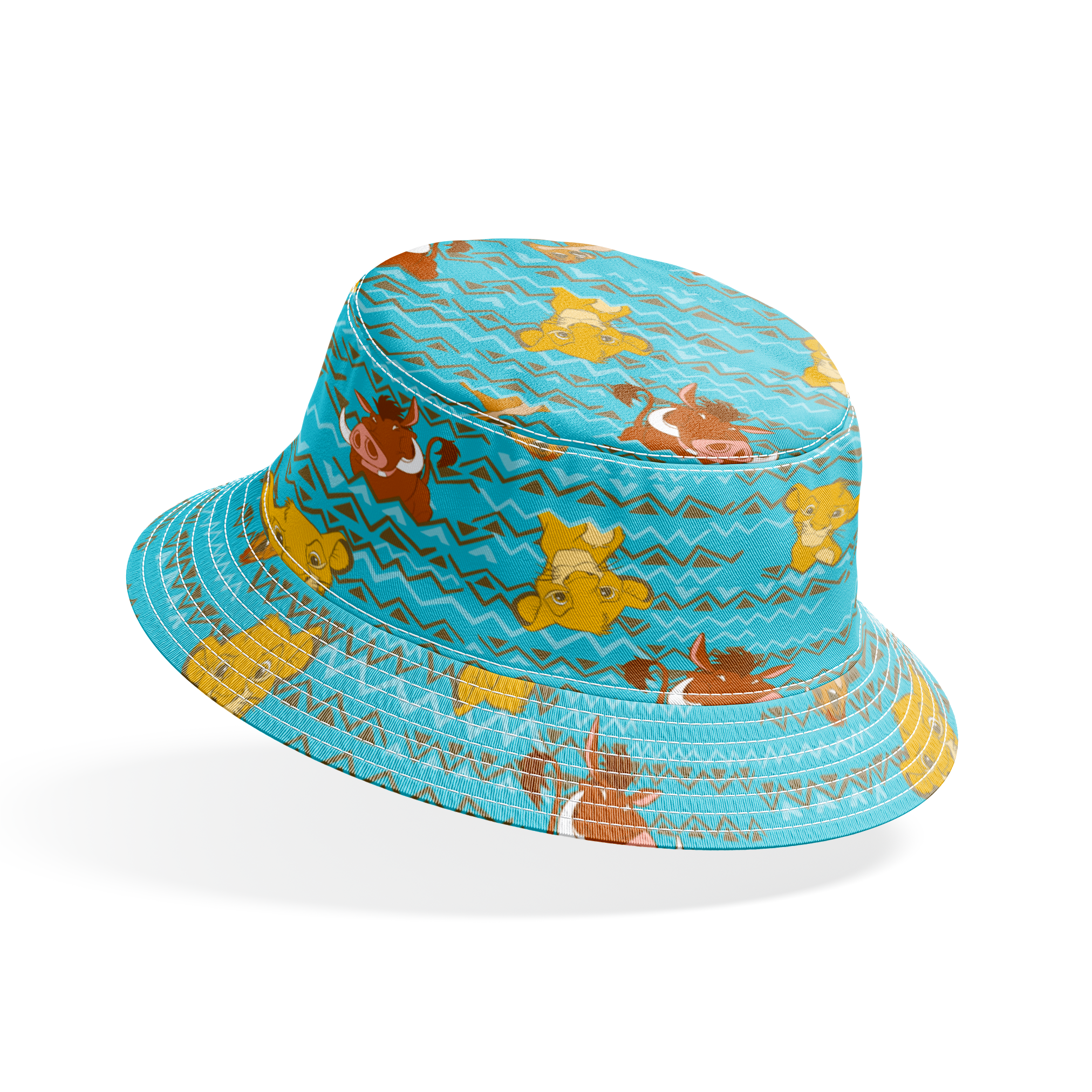 Lion King themed pattern with Simba and Timon characters on turquoise blue background with zigzag stripes bucket hat mockup