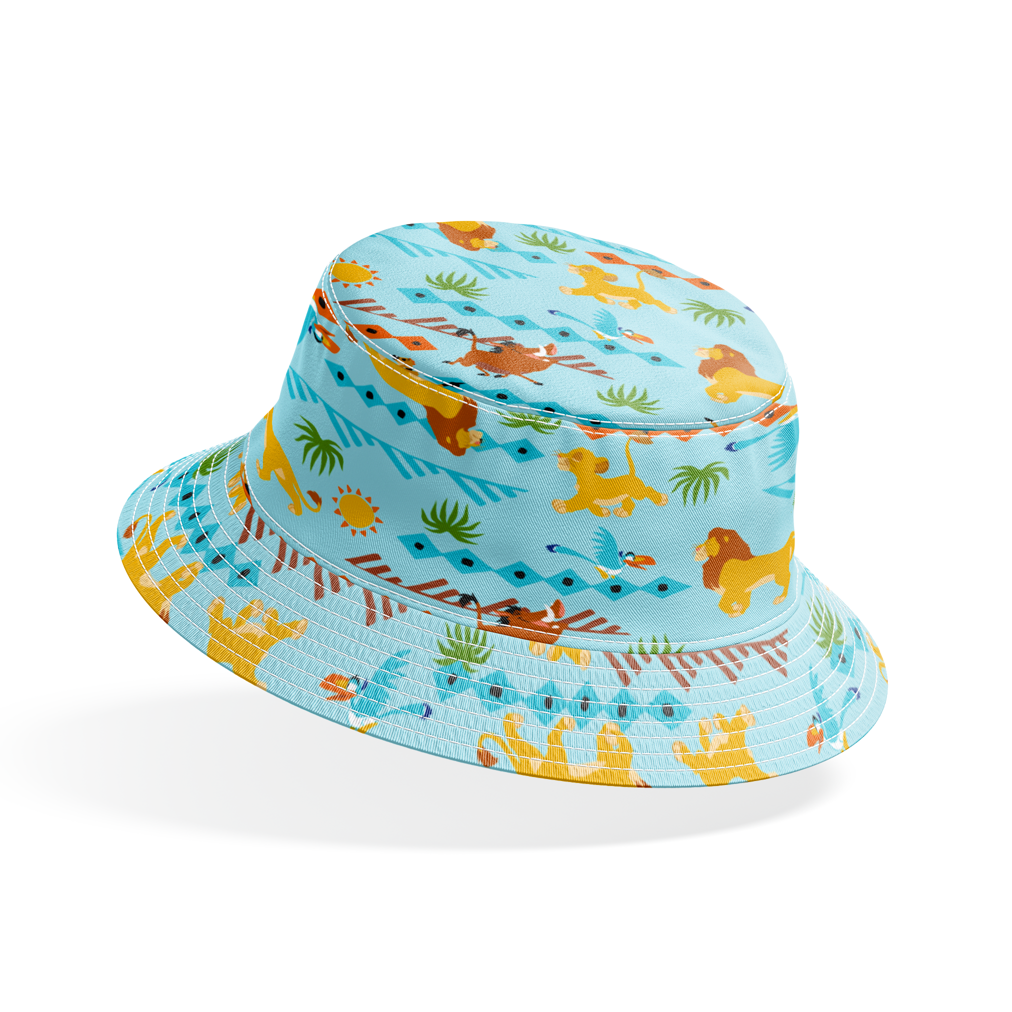 Colorful pattern with cartoon lions, palm trees, and sun designs on a light blue background bucket hat mockup