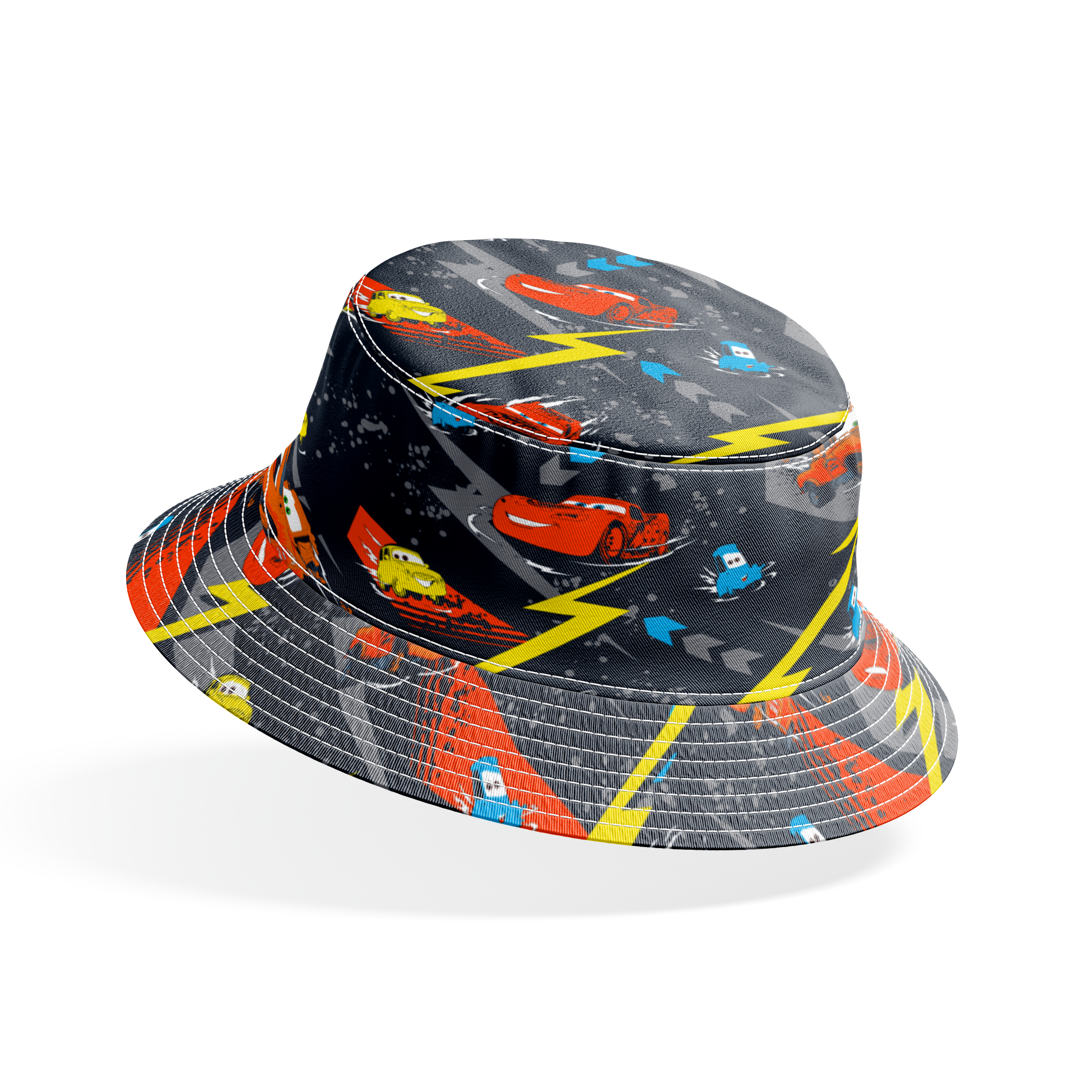 Pattern of animated red race cars with lightning bolt designs on dark background with yellow lightning strikes and blue accents bucket hat mockup