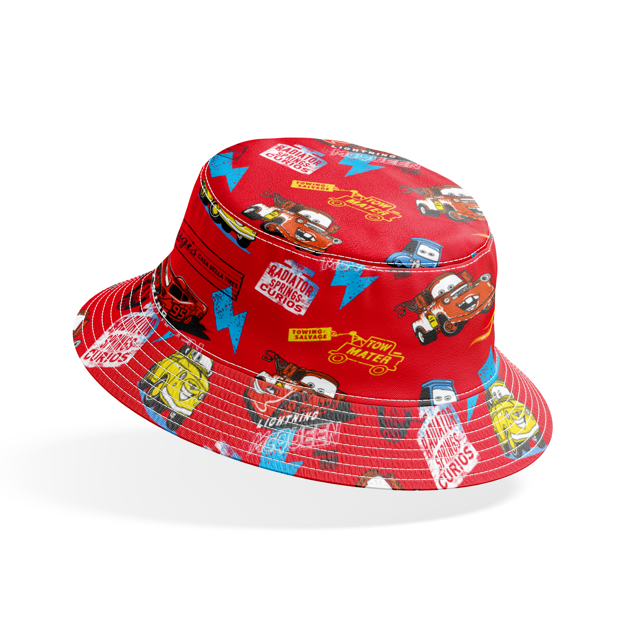 Colorful Disney Cars pattern featuring Lightning McQueen and Mater on vibrant red background with logos bucket hat mockup