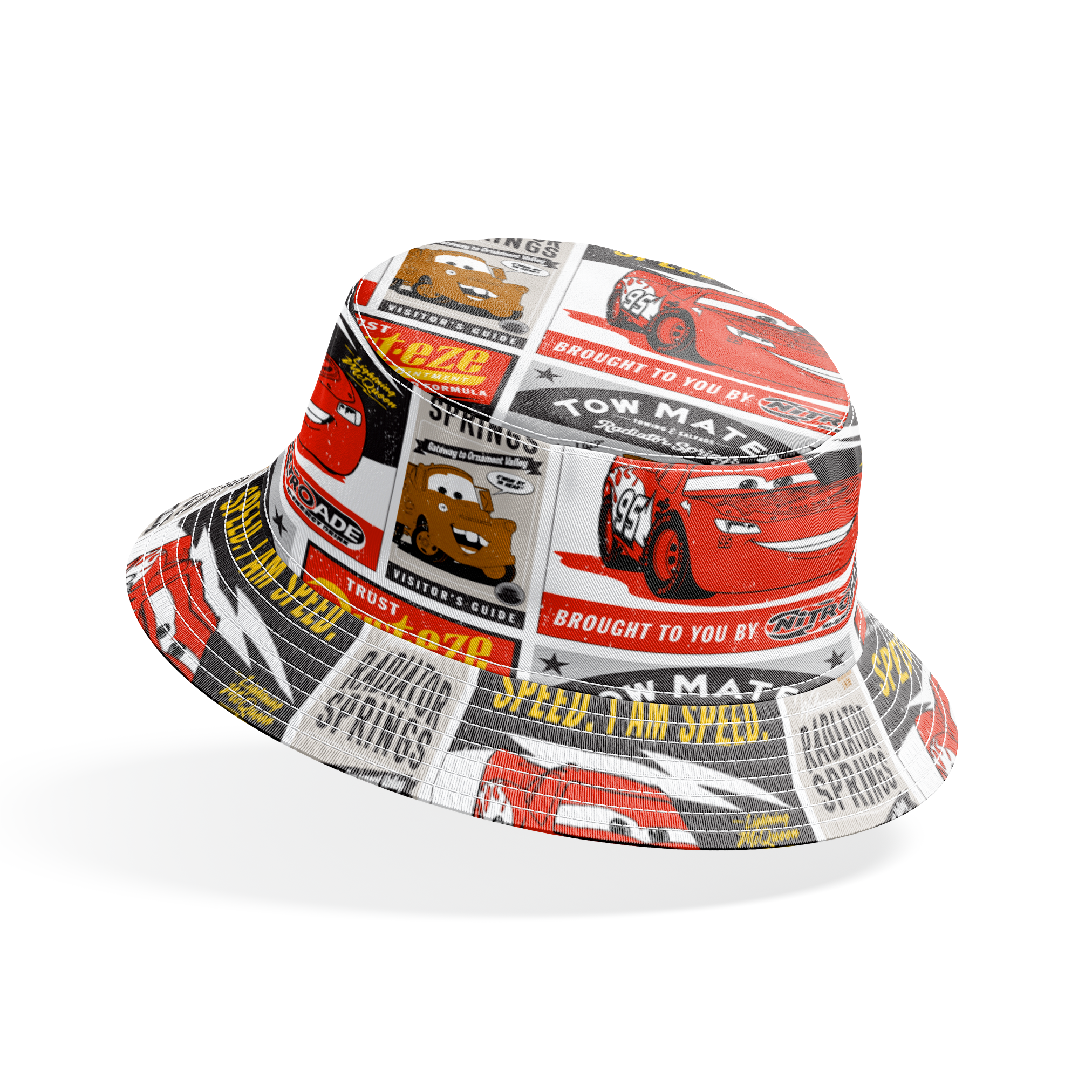 Cars merchandise posters featuring red race car saying "Speed. I am speed." and brown tow truck character with "Tow Mater" in vintage advertising style bucket hat mockup