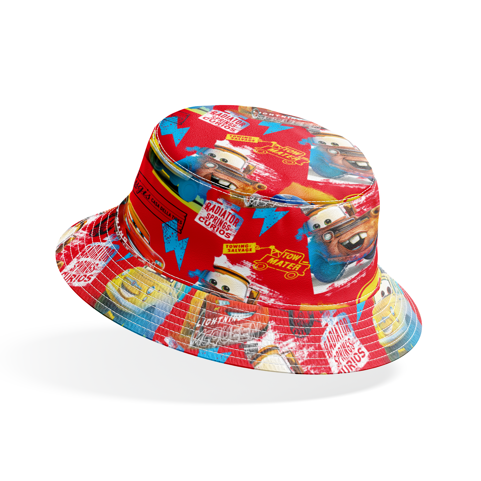 Colorful Cars movie characters pattern featuring Lightning McQueen and Mater on red background with logos bucket hat mockup