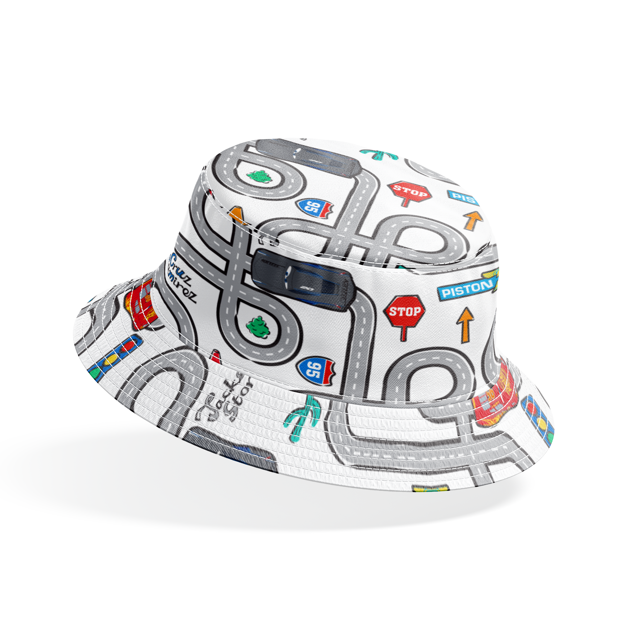Cartoon road map with cars, traffic signs, and "Cruz Ramirez" label on winding gray streets bucket hat mockup