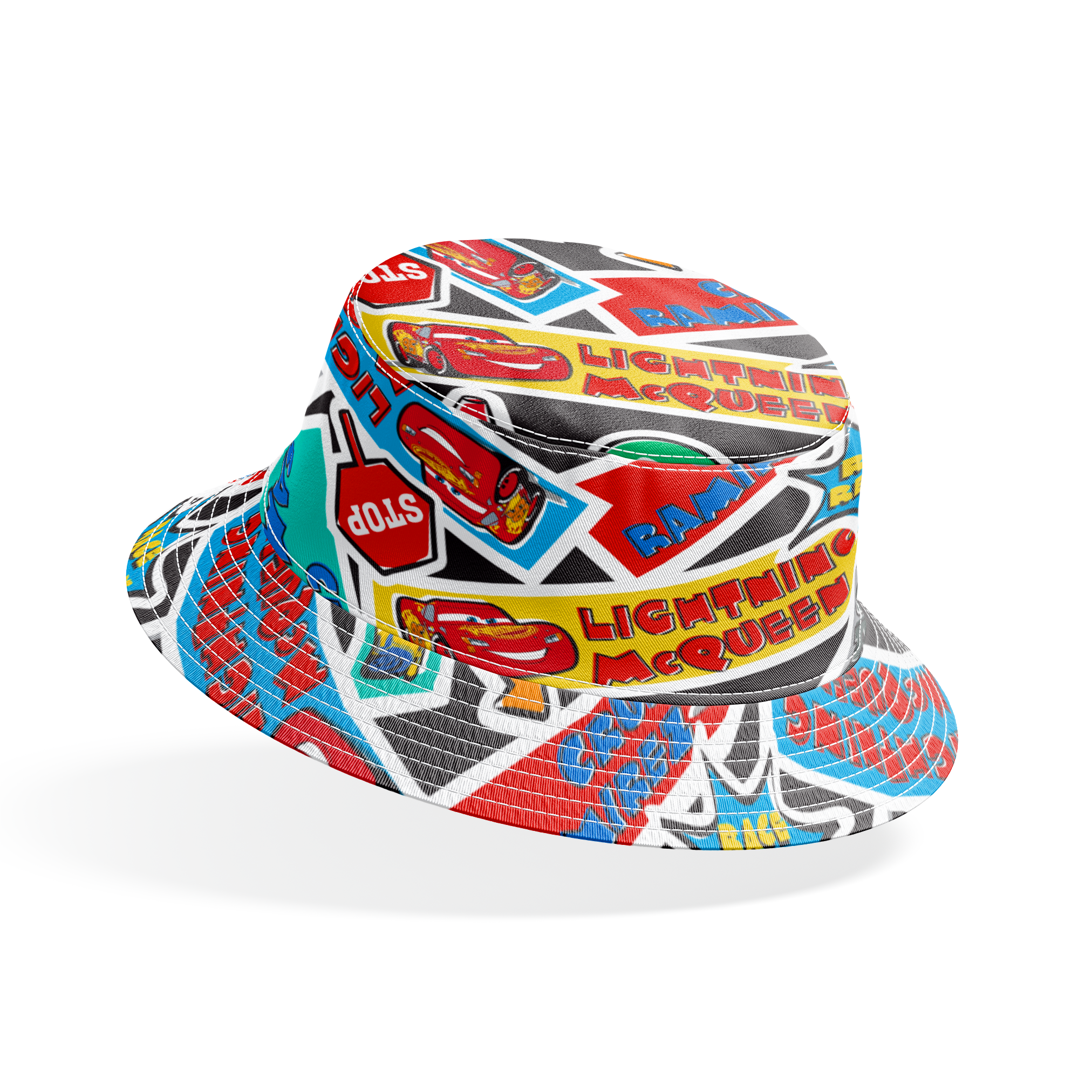 Colorful Cars movie stickers featuring Lightning McQueen, racing themes, and car motifs in vibrant colors. bucket hat mockup
