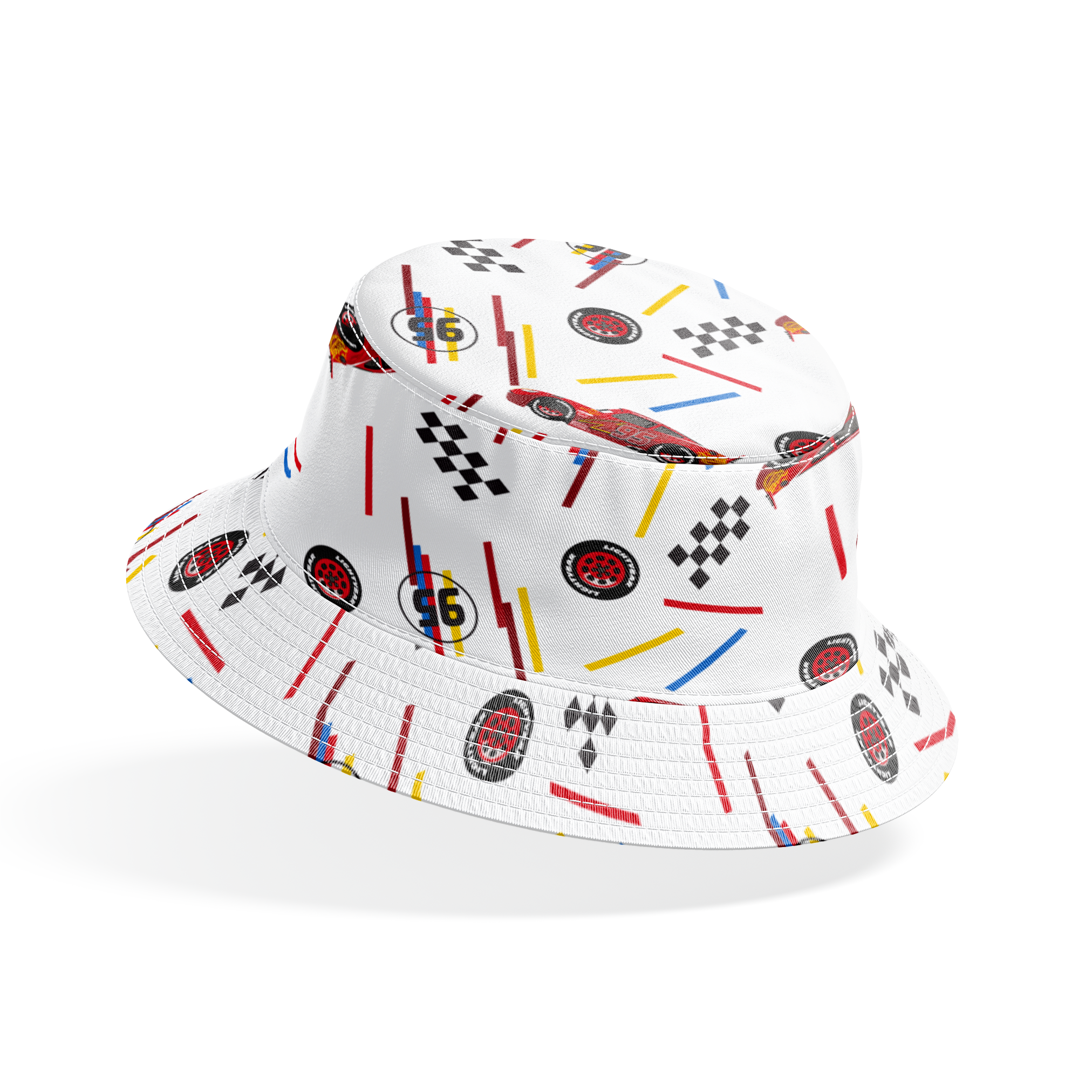Racing car pattern with red toy cars, checkered flags, number 95 emblems, and colorful lines on white background bucket hat mockup