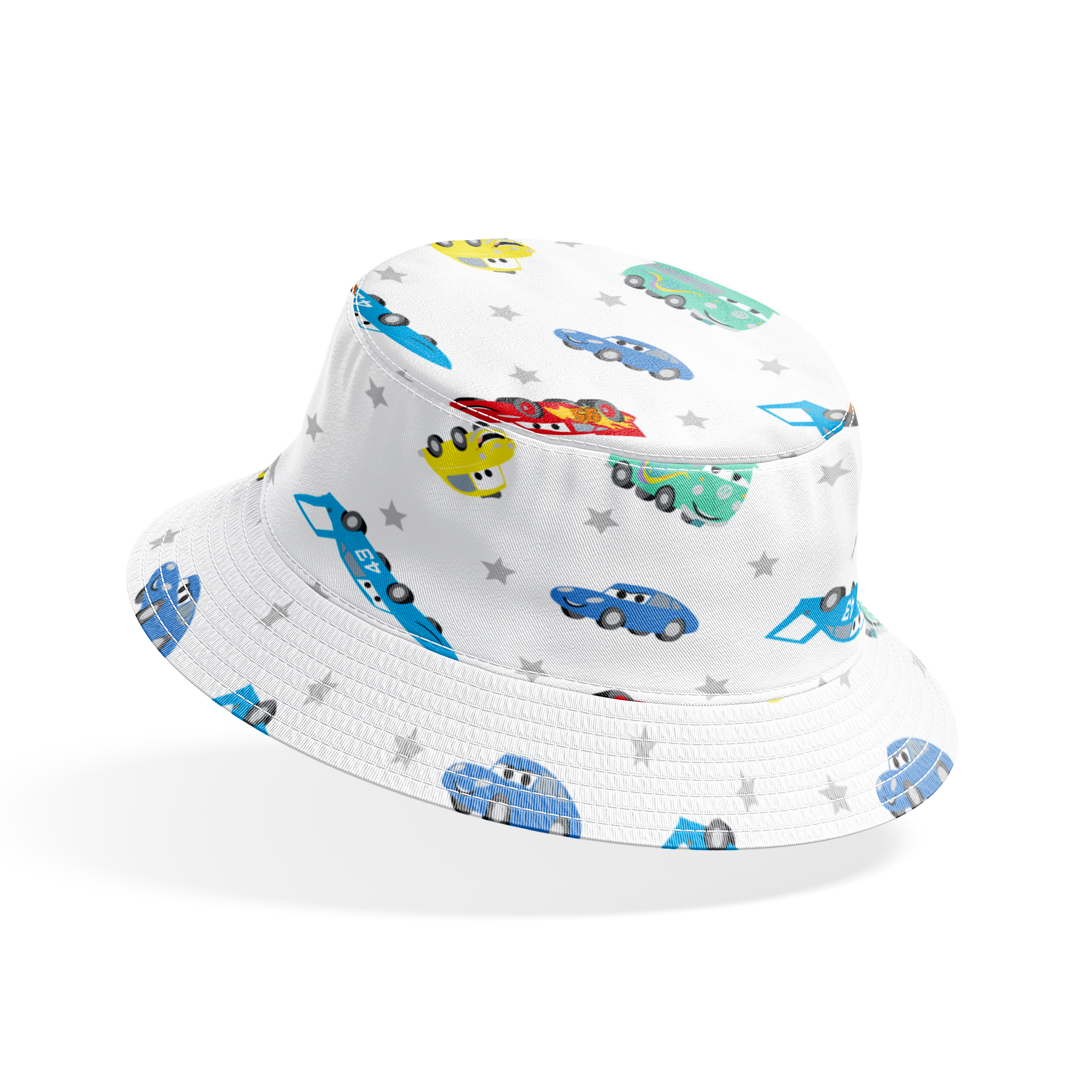 Cartoon vehicles pattern with colorful cars, trucks, and racing cars on white background with gray stars bucket hat mockup